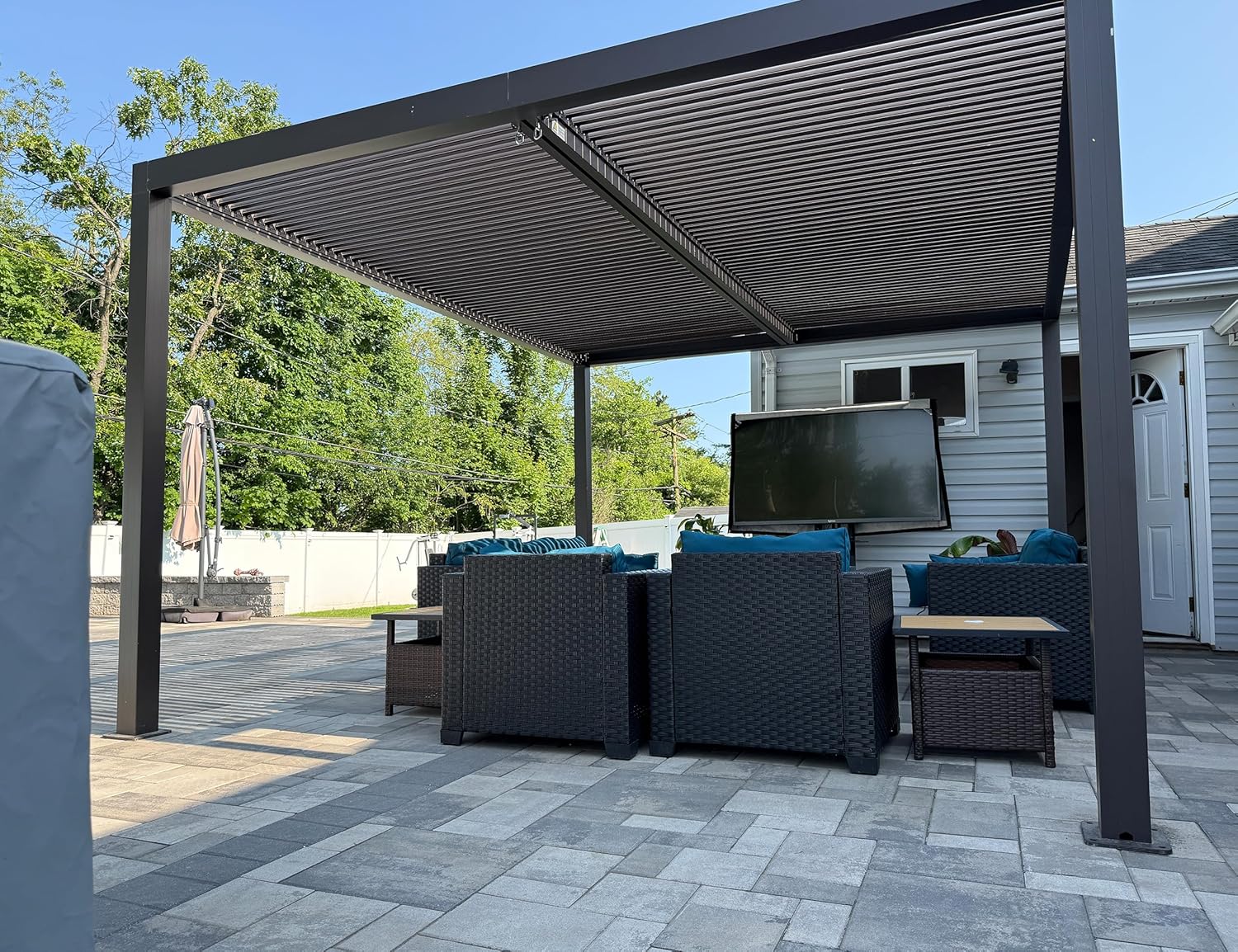 etevert - Pergola aluminium bioclimatique 4,8x3m, lames orientables, persiennes fixes, gris