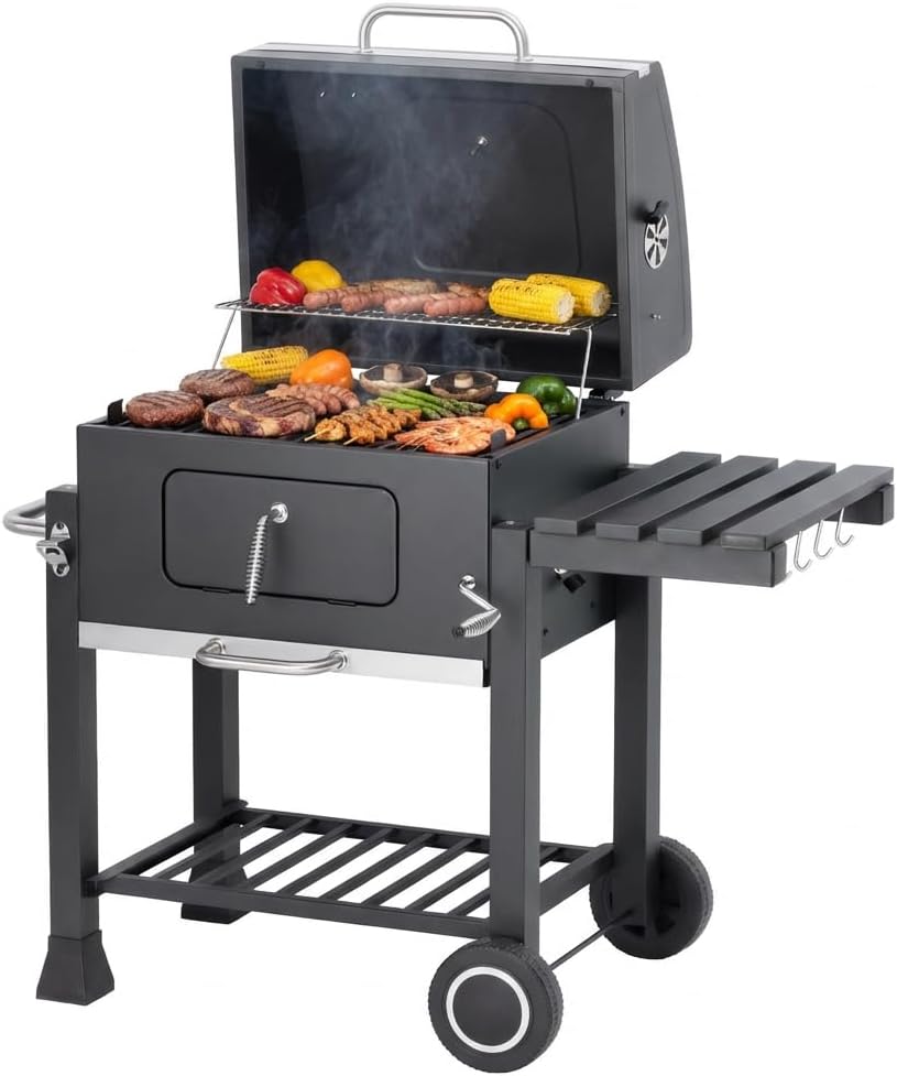 etevert - Memphis - acier, grille, tablette pliable, roulettes, thermomètre, bac à cendres