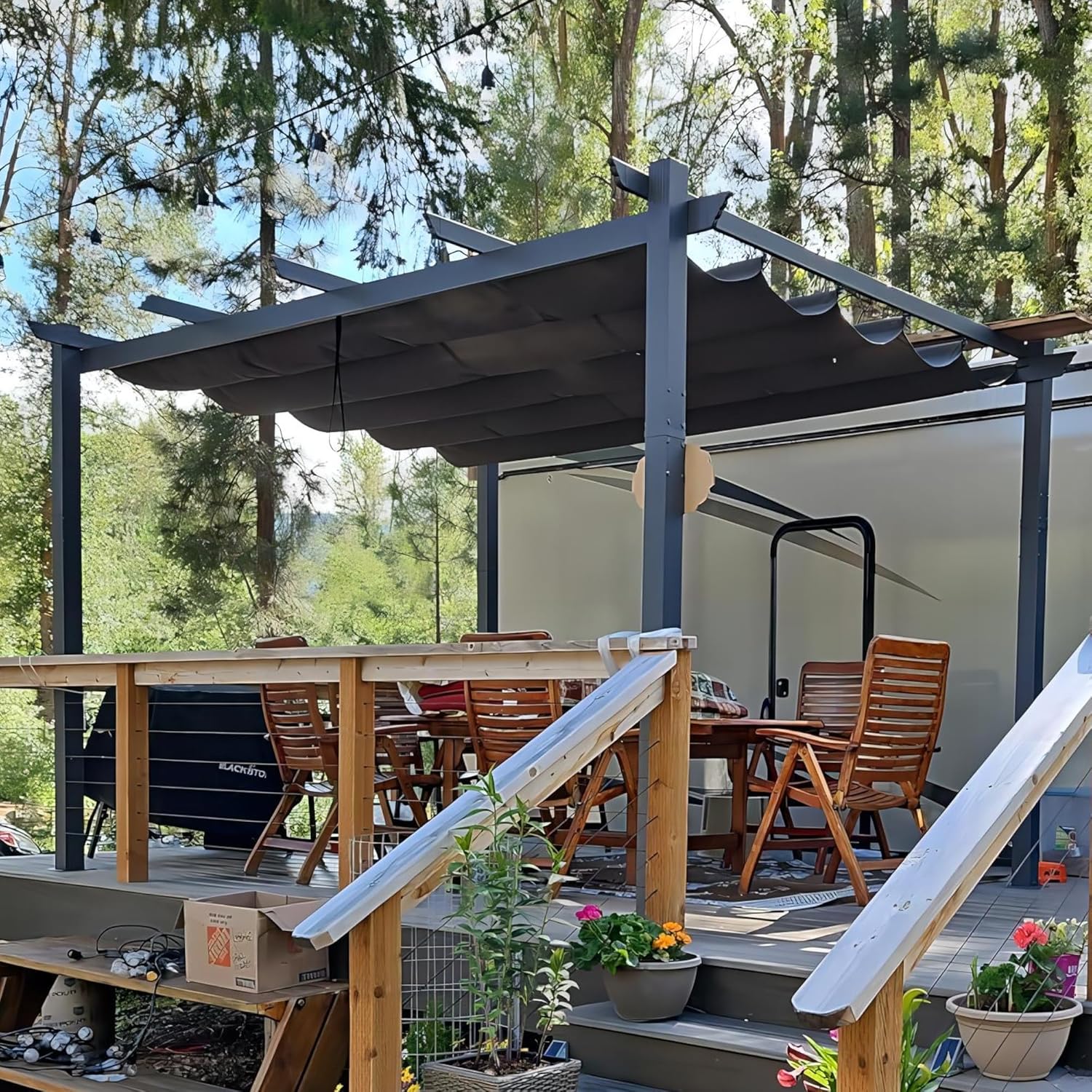 etevert - pergola aluminium - 4x3m - toit coulissant, tissu teint