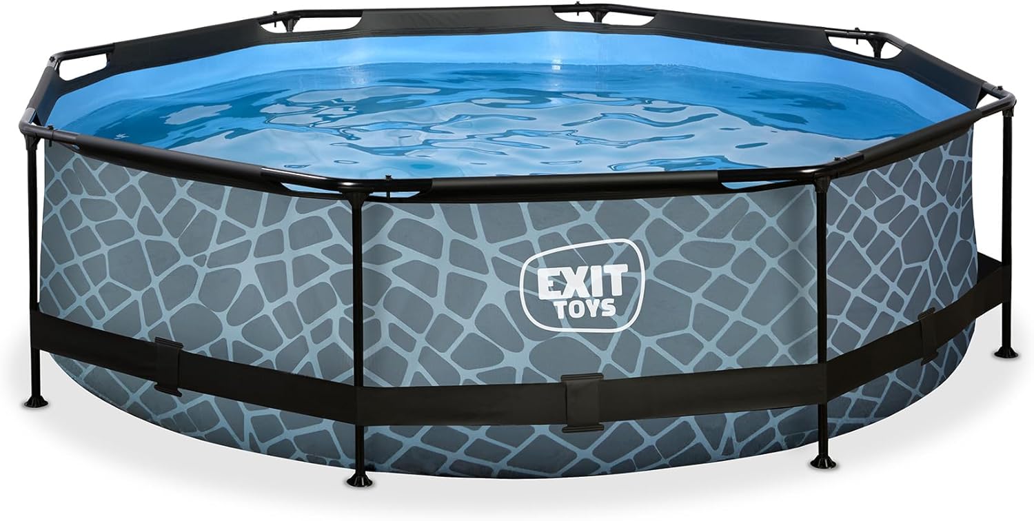 etevert Piscine Tubulaire Stone - ø300x76cm - Piscine Hors Sol Ronde avec Pompe Filtrante à Cartouche - Entrée Basse - Idéal pour Les Jeunes Enfants - Cadre Stable - Design Unique - Gris