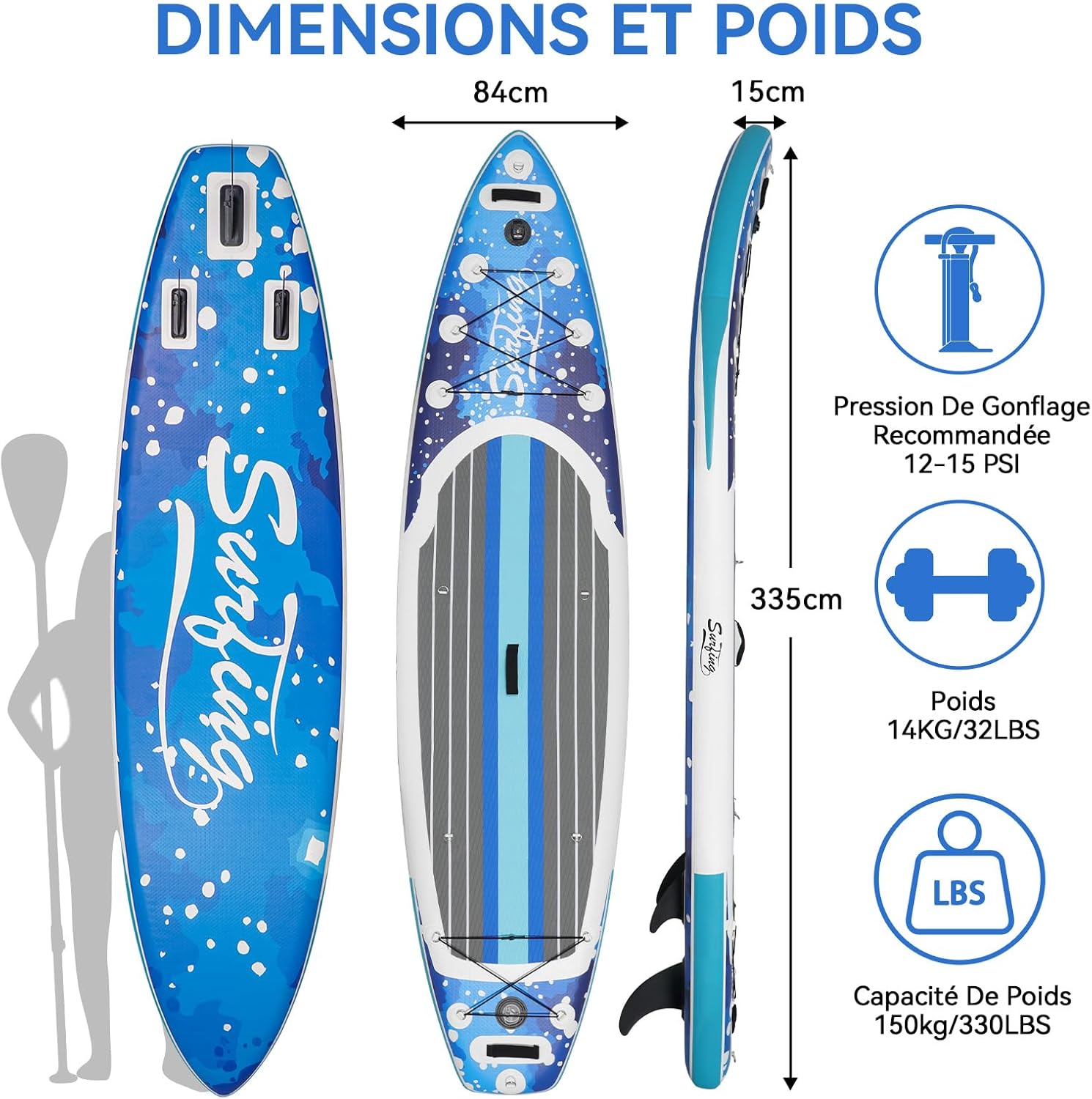 etevert - Paddle gonflable 320/335cm - 2 personnes, siège kayak, jusqu'à 150kg