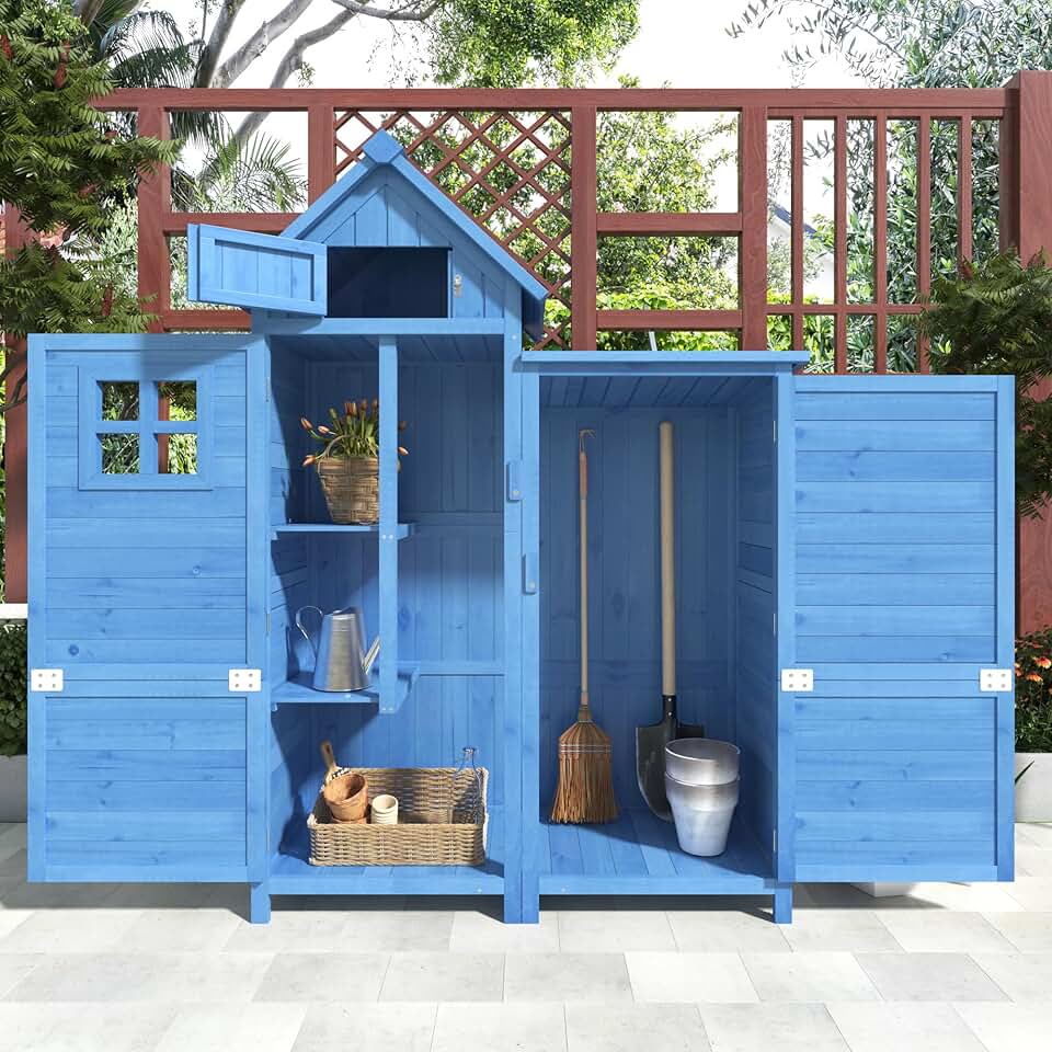 etevert - abri de jardin bois 118x54x173cm, 2 portes, toit PVC, bleu