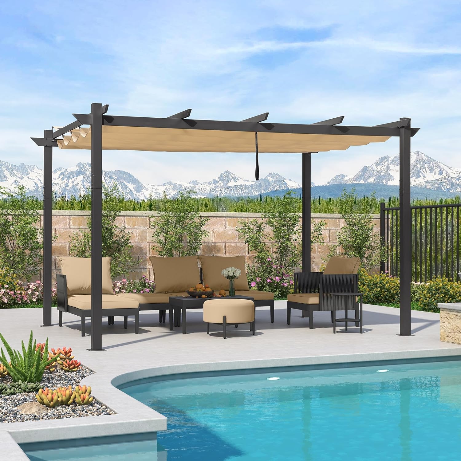 etevert - Pergola Kaki - 4x3m aluminium, toit rétractable, imperméable