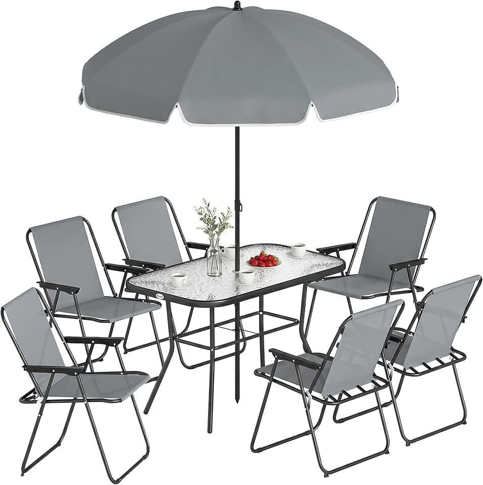 etevert - salon de jardin 8 pièces, table verre trempé, acier antirouille, chaises pliantes, parasol, Gris