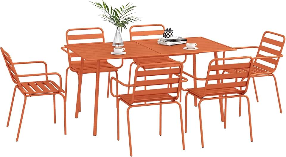 etevert - salon de jardin 7 pièces - table + 6 chaises acier rouge