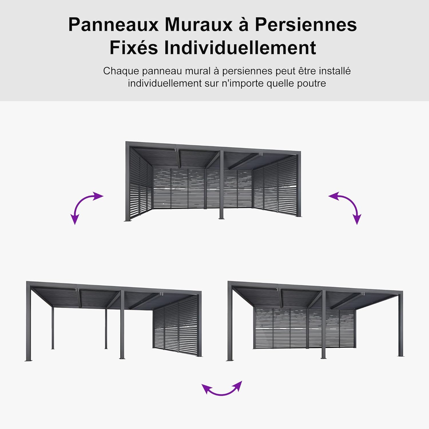 etevert - Pergola bioclimatique 6x3,68m alu, lames orientables, persienne fixe