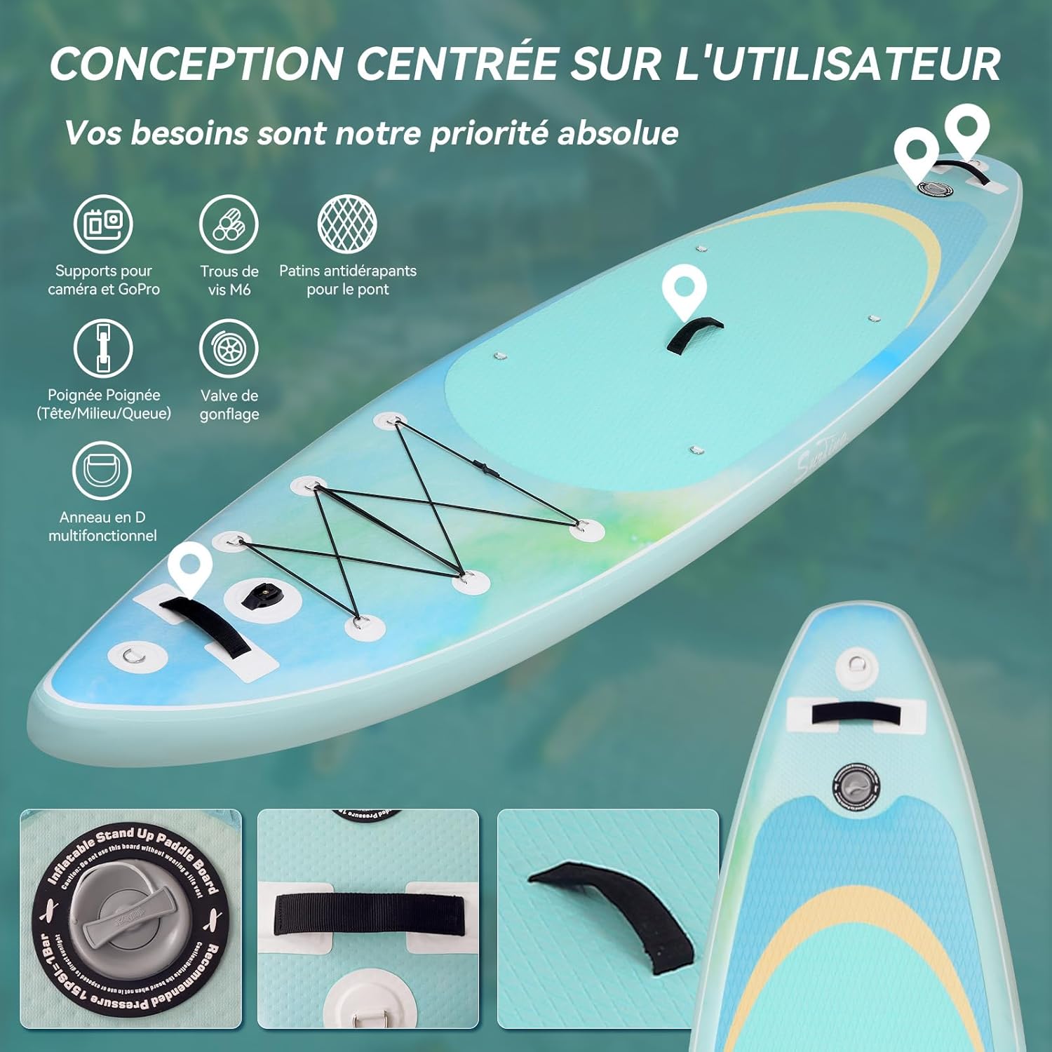 etevert - paddle gonflable adulte - 320/335cm - 2 places, siège kayak, pagaie alu, support caméra, pompe, 150 kg