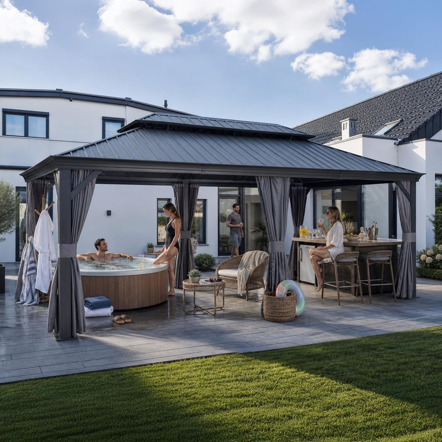 etevert - Pergola double toit acier - 6x3,65m - moustiquaire, rideaux, gouttière, poteaux renforcés
