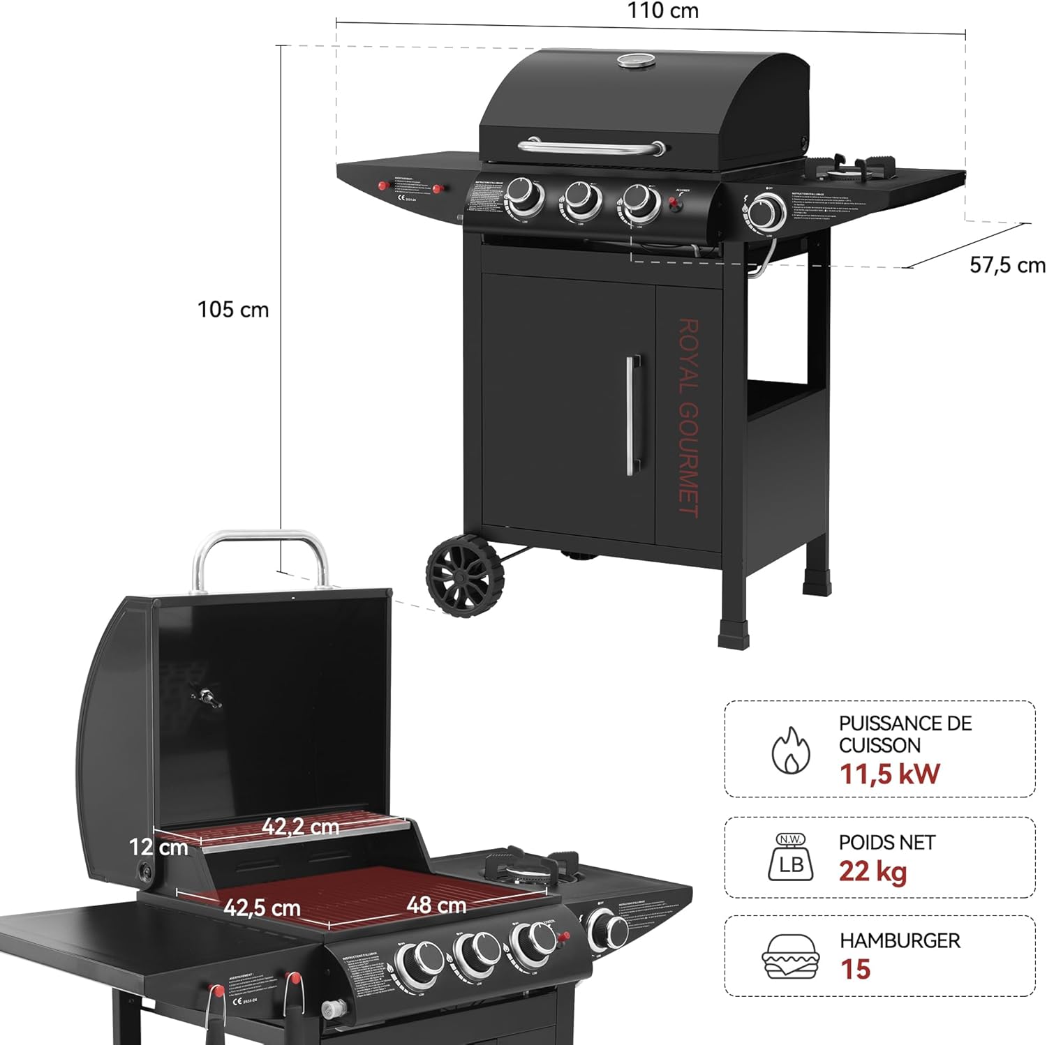etevert - barbecue gaz 3+1 brûleurs inox - 11,5 kW - chariot, 2 roues, thermomètre