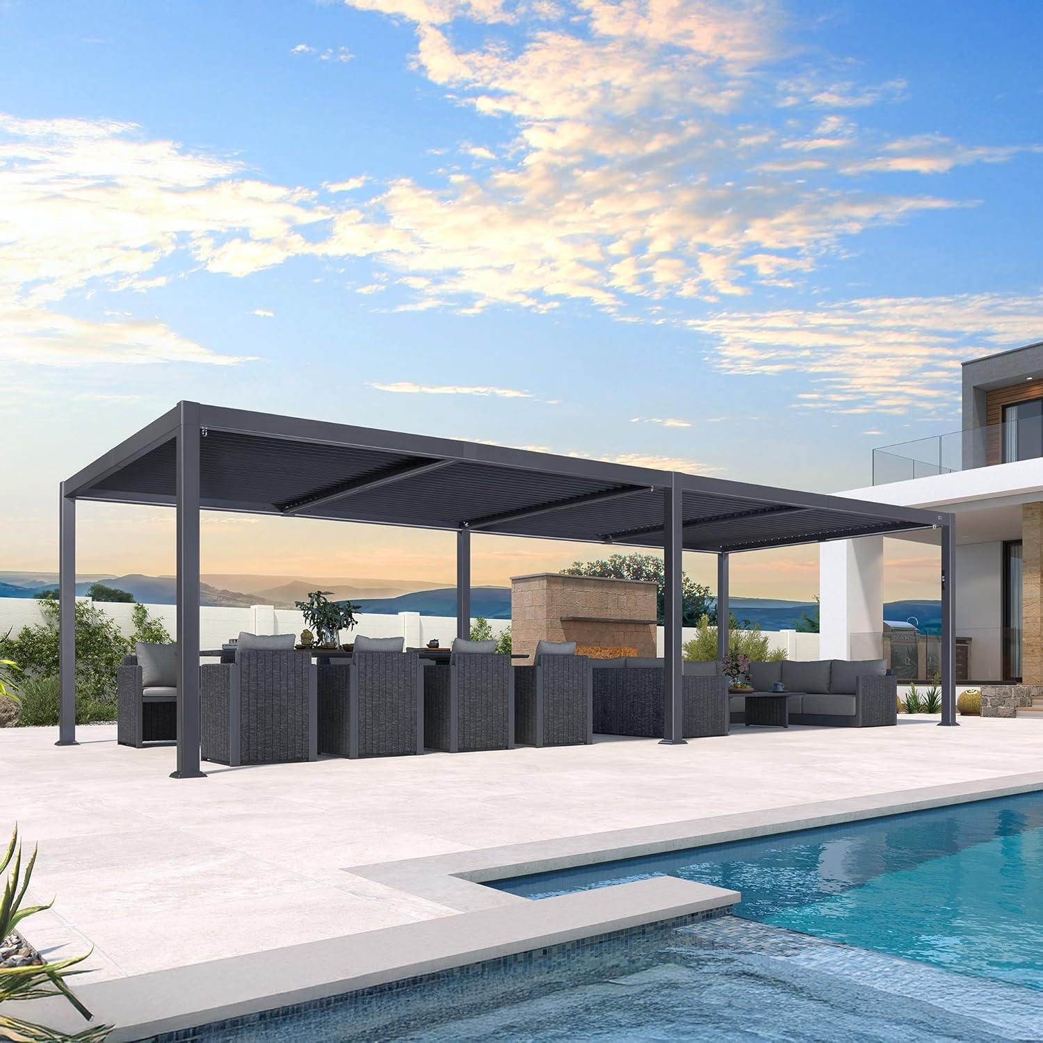 etevert - Pergola bioclimatique - 3,5x8,5m - aluminium, lames LED, étanche