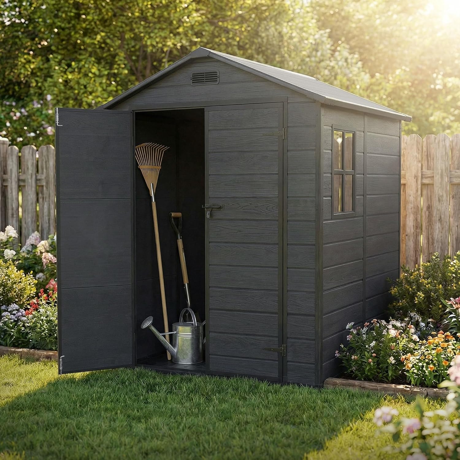 etevert - Abri de jardin résine 151x182x220 cm double porte, 5m³, fenêtre, ventilation