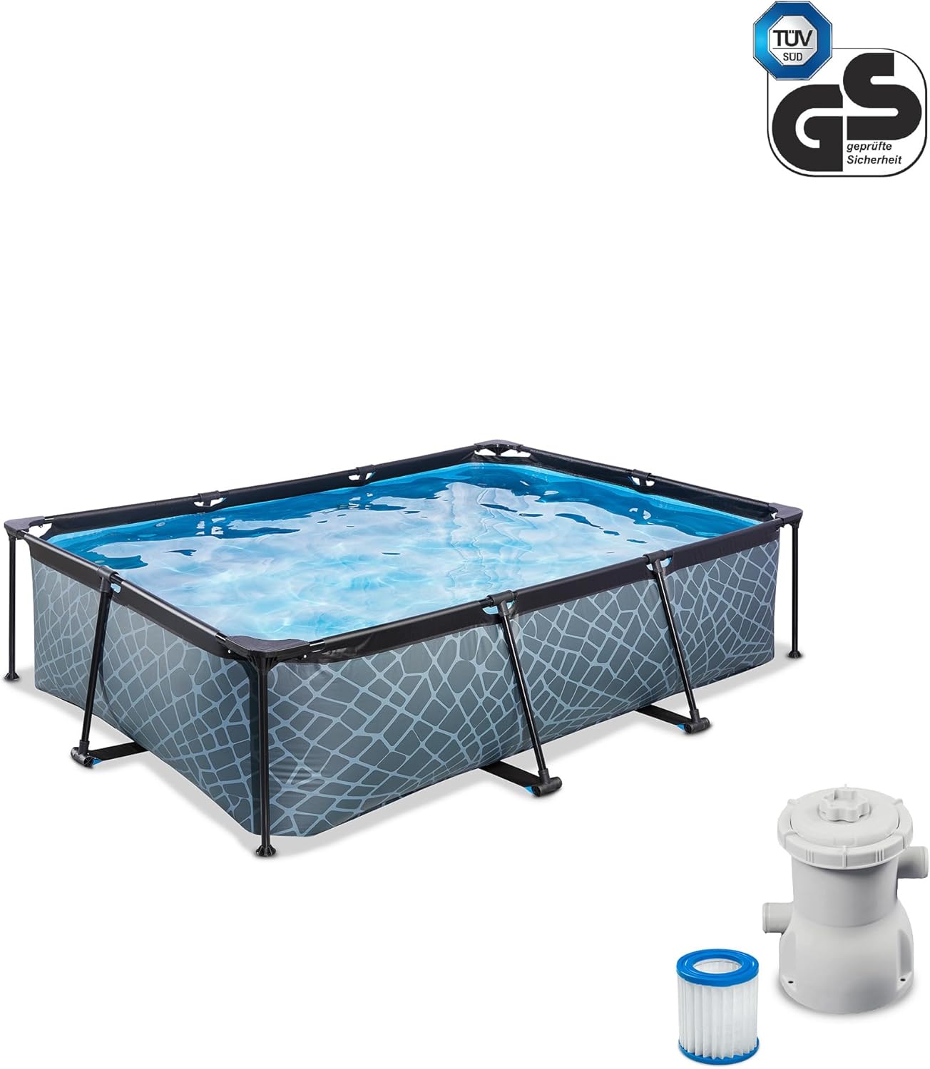 etevert Piscine Tubulaire Stone - 220x150x65cm - Piscine Hors Sol Rectangulaire avec Pompe Filtrante à Cartouche - Entrée Basse - Idéal pour Les Jeunes Enfants - Cadre Stable - Design Unique - Gris