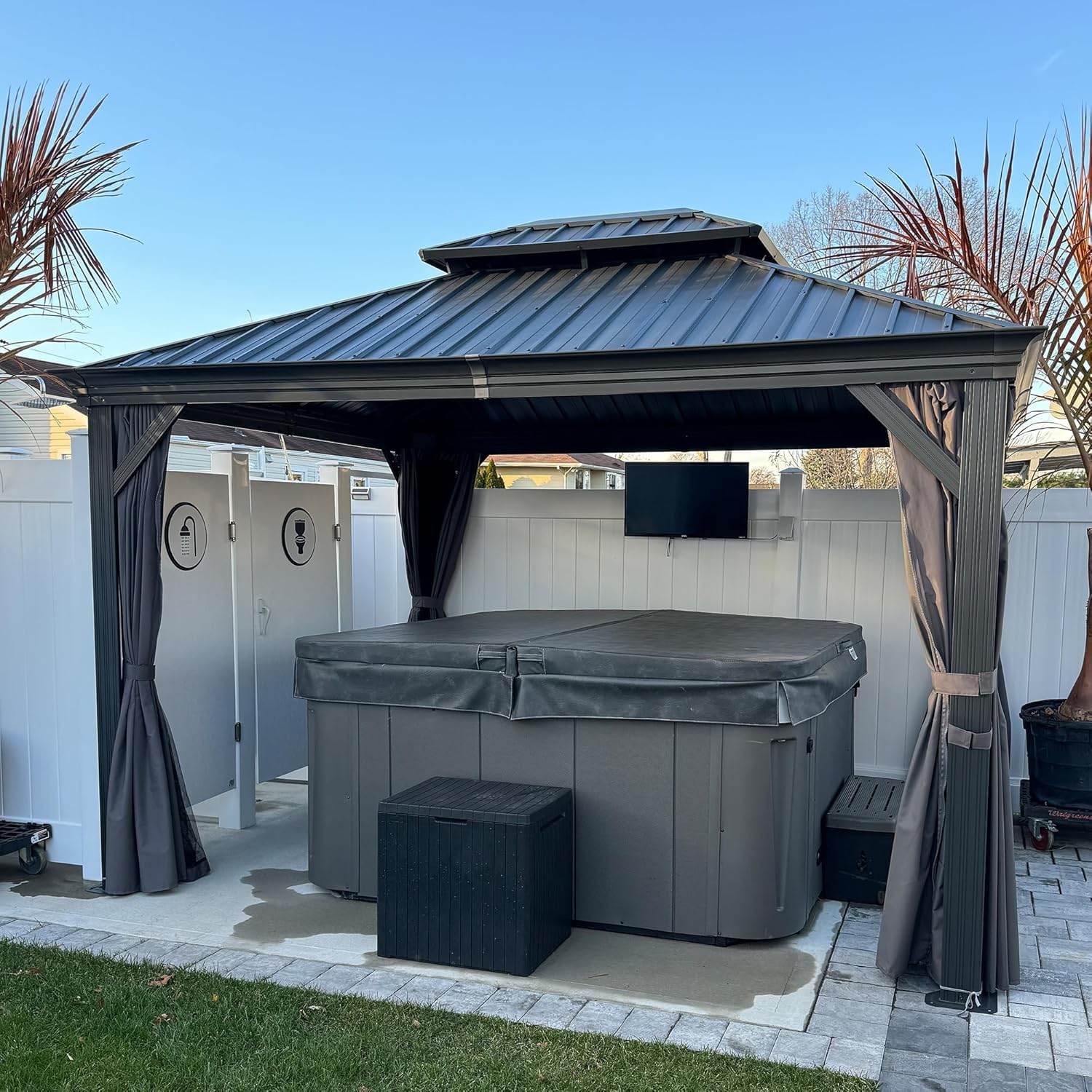 etevert - tonnelle jardin série toit rigide - 3,65x3m - acier galvanisé, gouttière, rideaux épais
