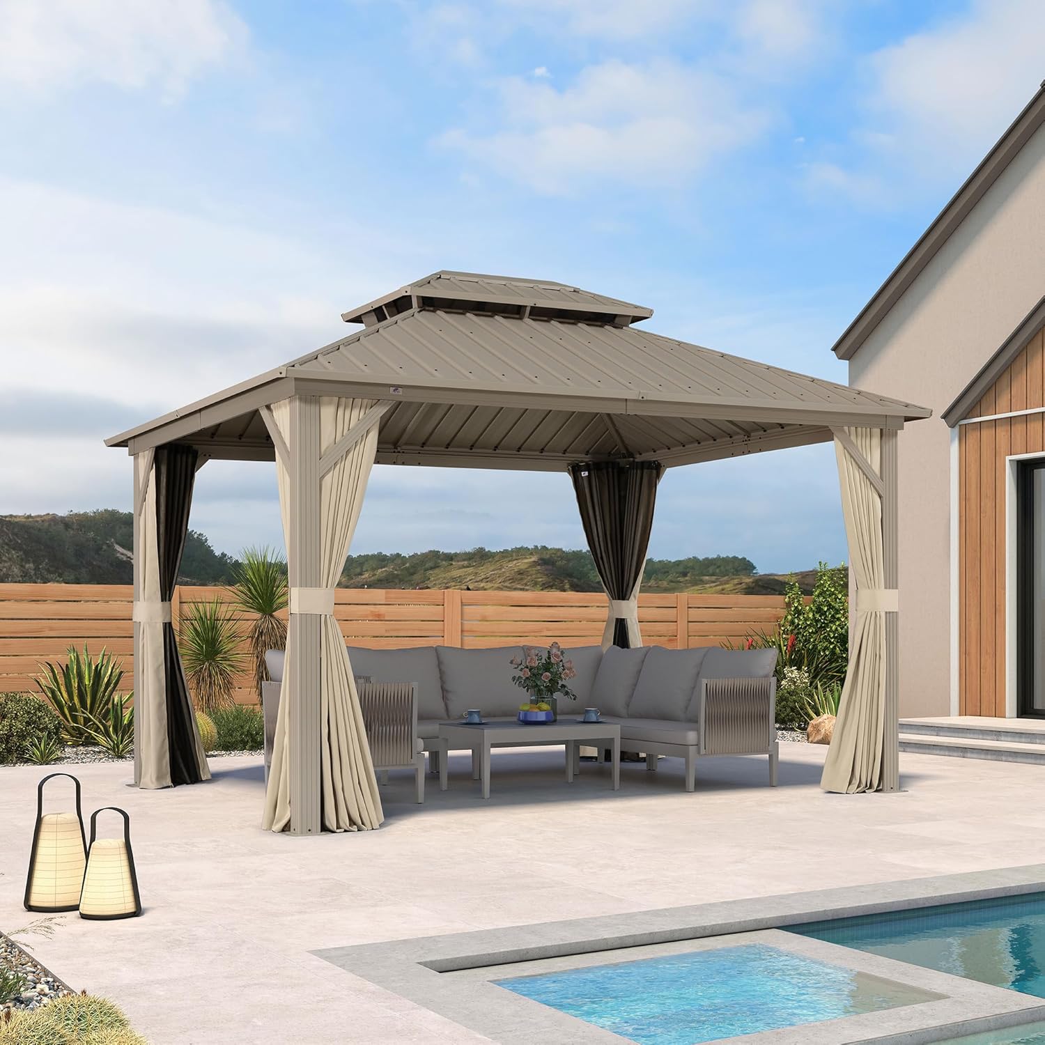 etevert - pergola aluminium - 3,65x3m - double toit, moustiquaire, rideaux