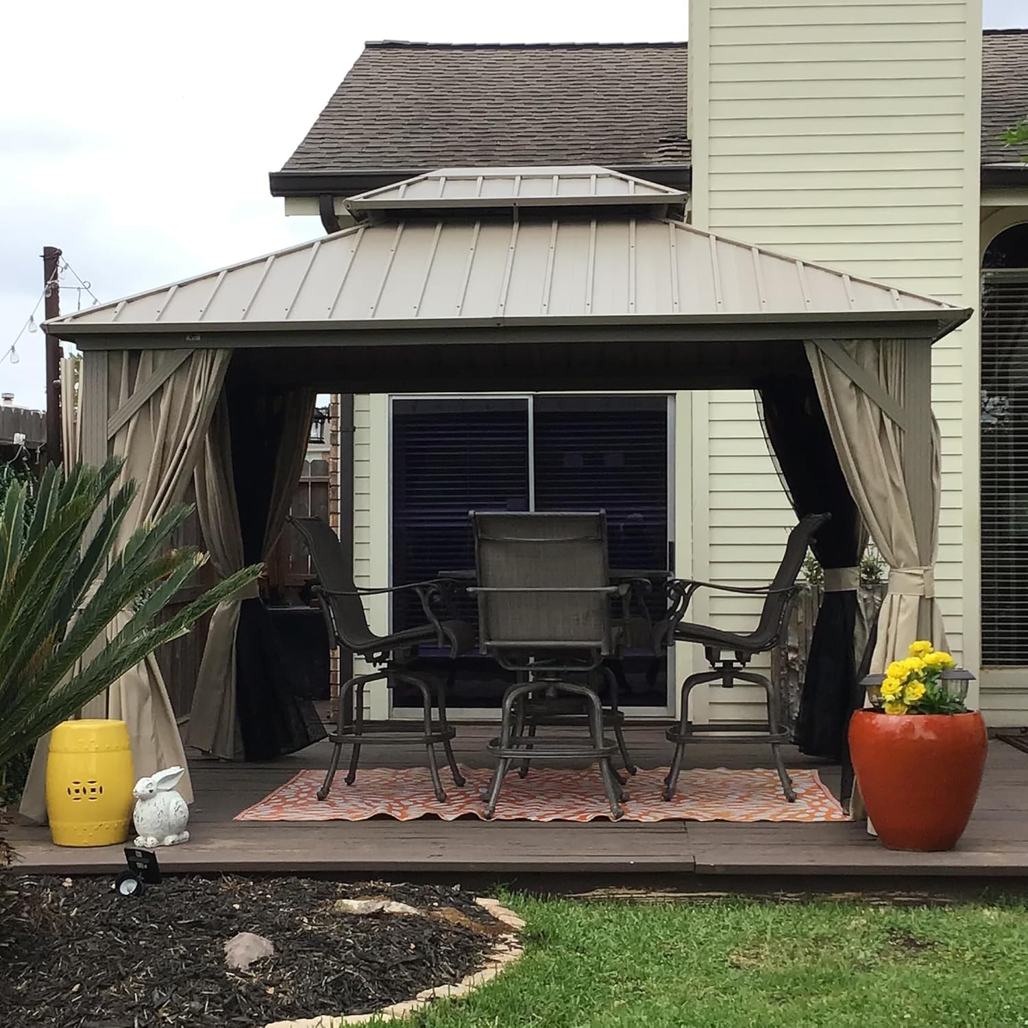 etevert - pergola aluminium - 3,65x3m - double toit, moustiquaire, rideaux
