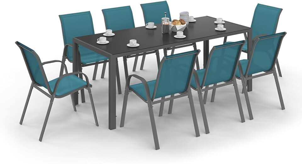etevert - Madrid salon jardin 190cm, 8 chaises empilables bleu