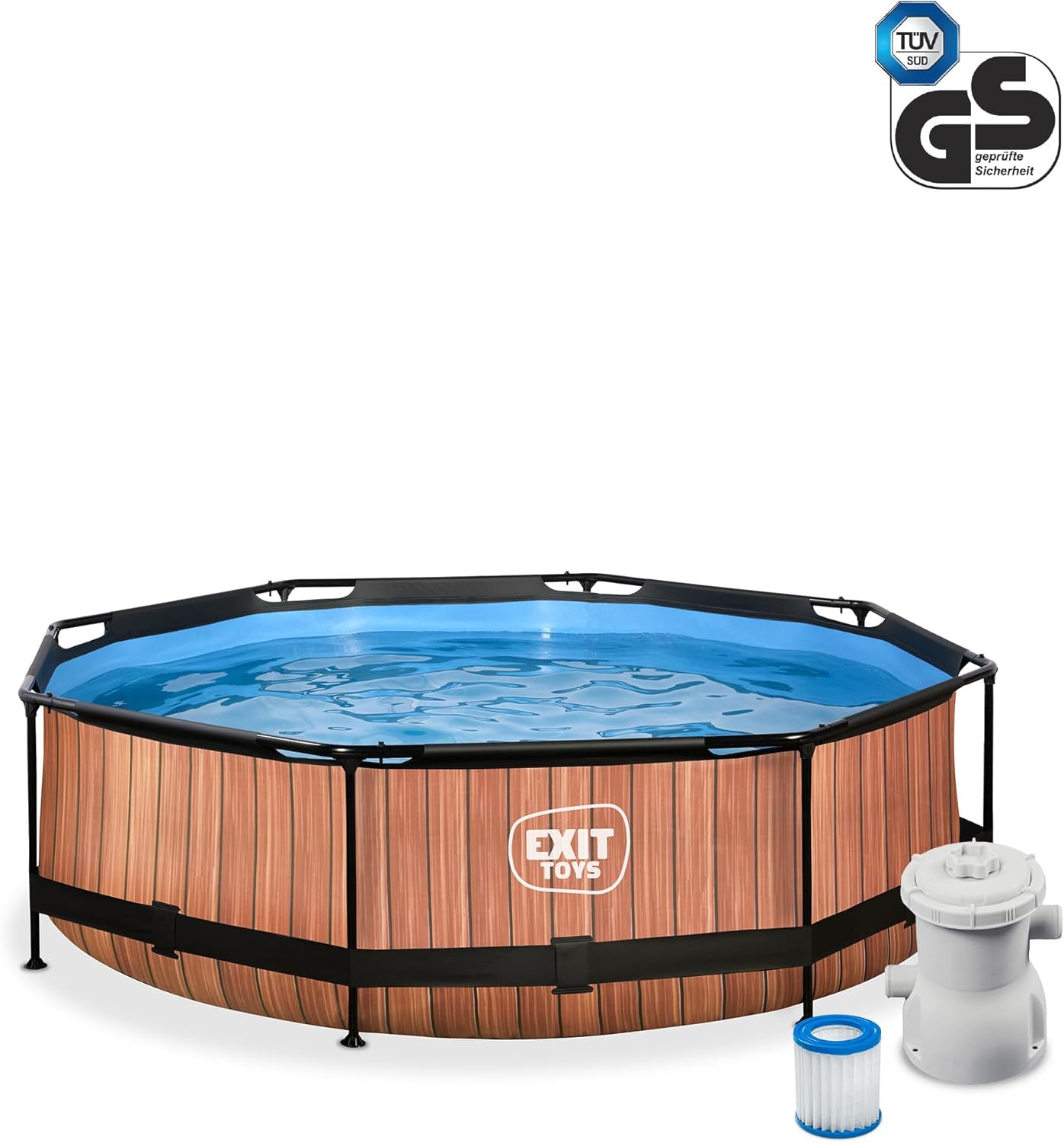 etevert Piscine Tubulaire Wood - ø300x76cm - Piscine Hors Sol Ronde avec Pompe Filtrante à Cartouche - Entrée Basse - Idéal pour Les Jeunes Enfants - Cadre Stable - Design Unique - Marron