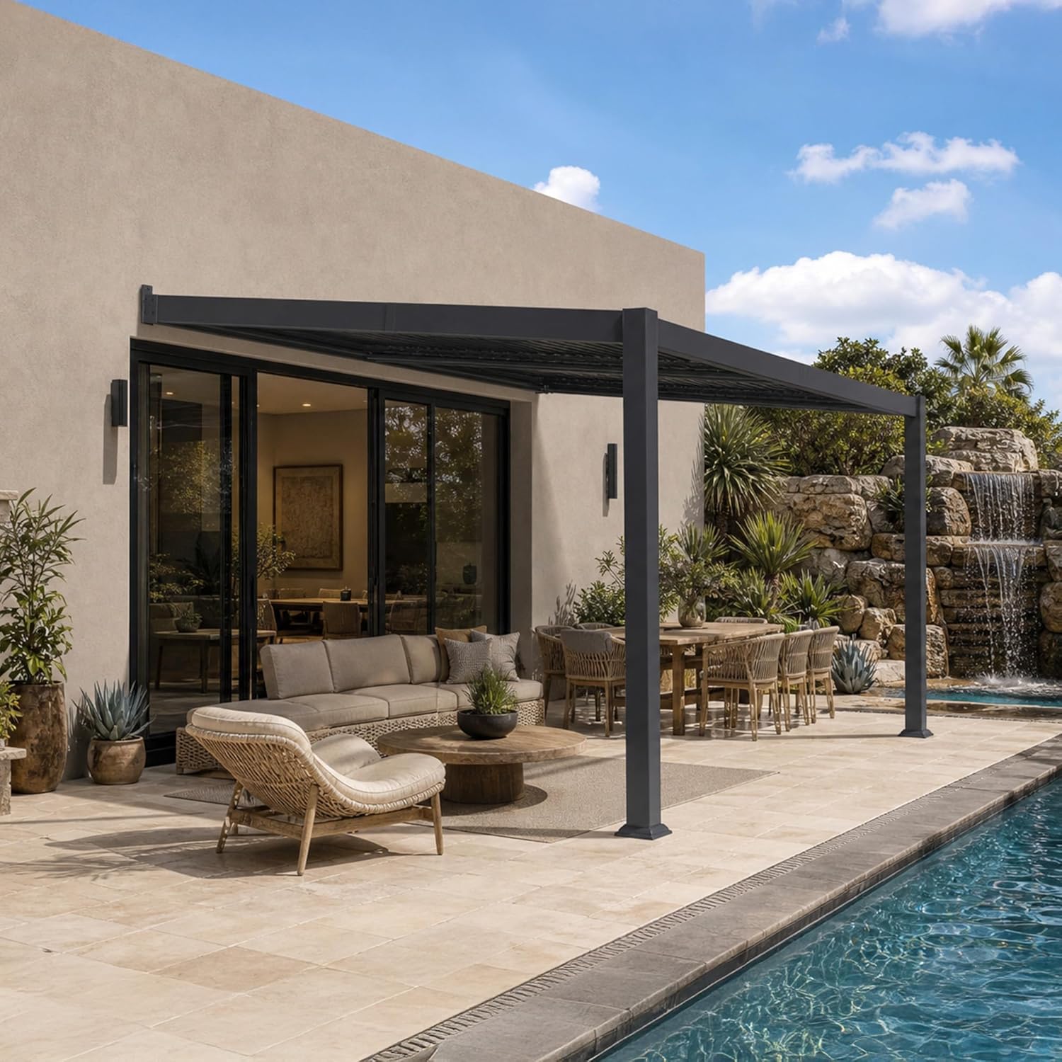 etevert - Pergola bioclimatique adossée - 3x4,25m - aluminium, lames orientables, résistante UV et pluie