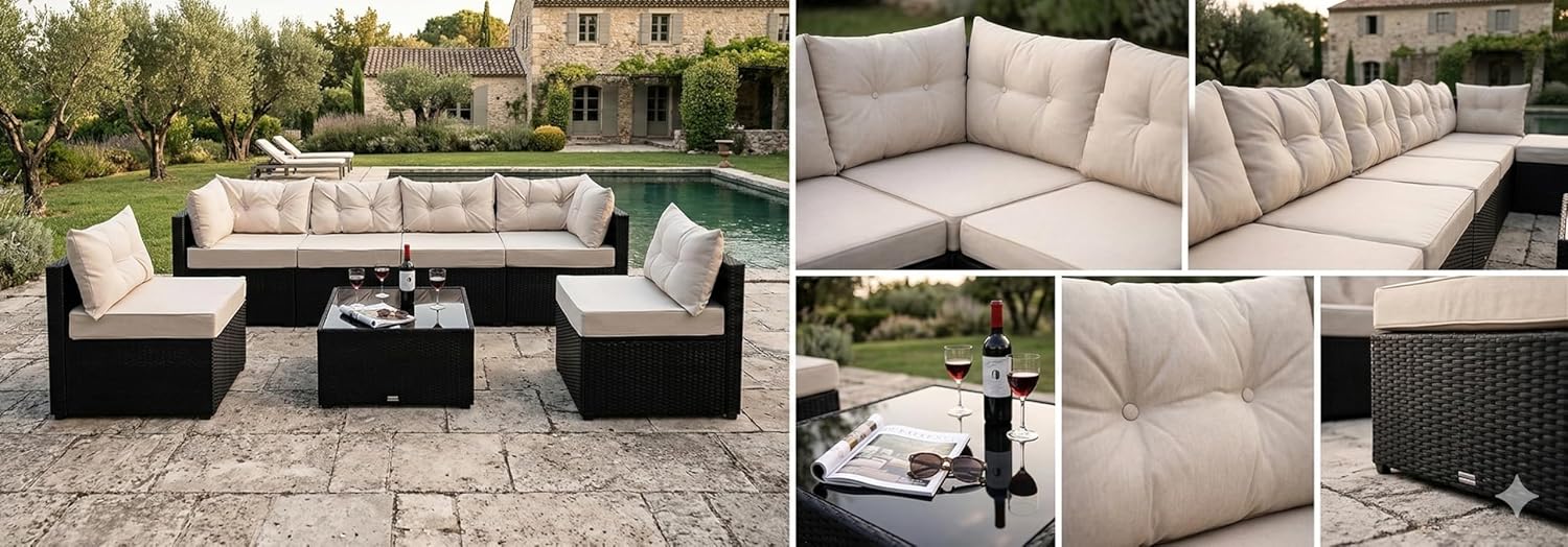 etevert - NACULA - Salon de jardin 5 places, résine tressée, coussins beige, table basse verre, extérieur