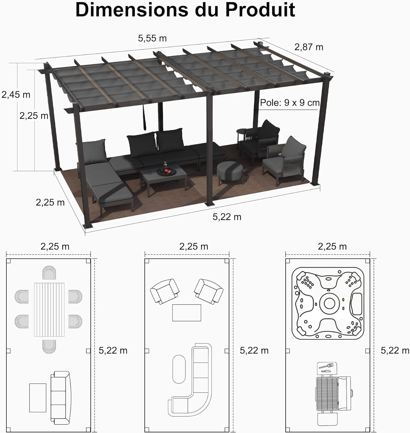 etevert - pergola aluminium - 5,5x3 m - toit coulissant, tissu teint