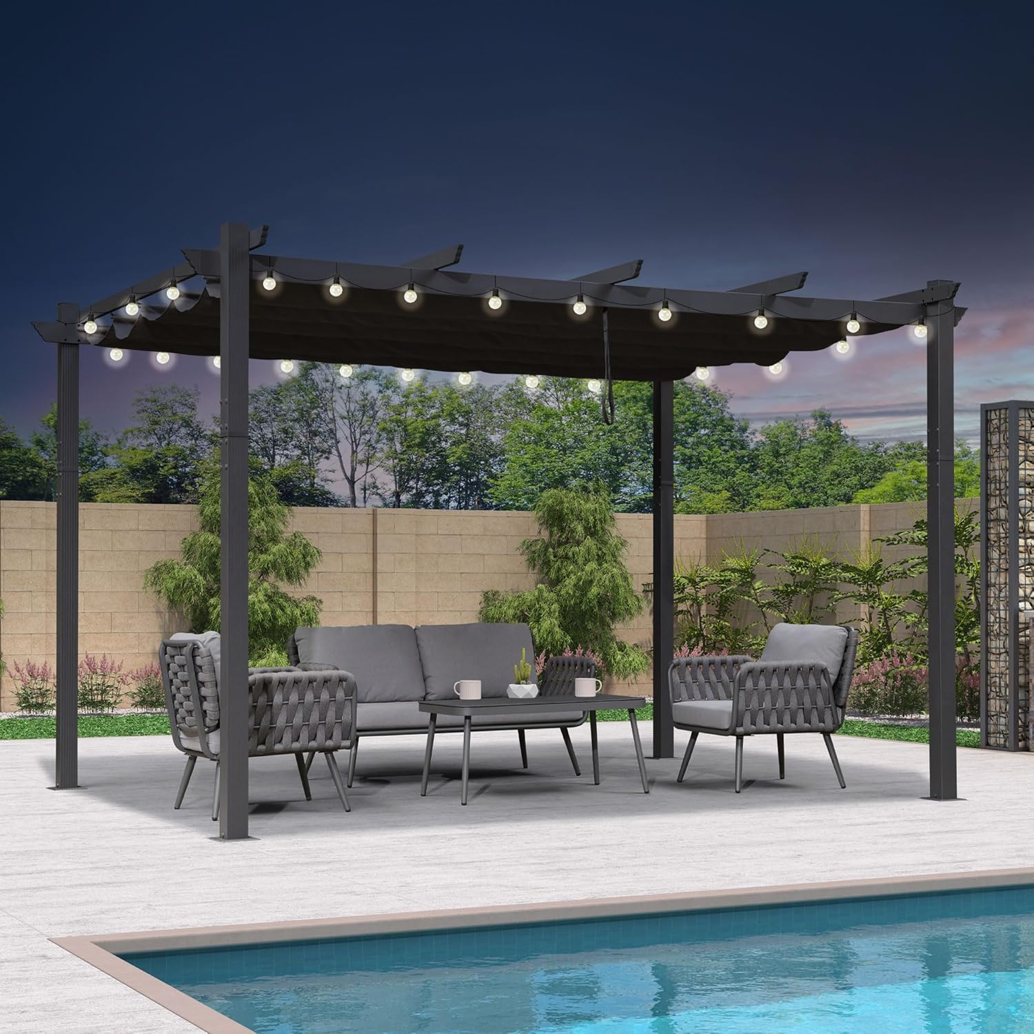 etevert - Pergola aluminium - 4x3,2m - LED, toit rétractable, toile teintée