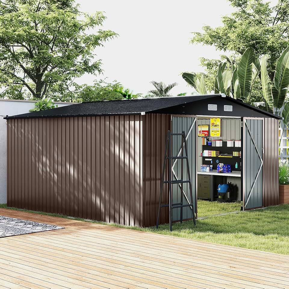 etevert - abri de jardin métal, 12m², toit double pente, double porte, 4 aérations
