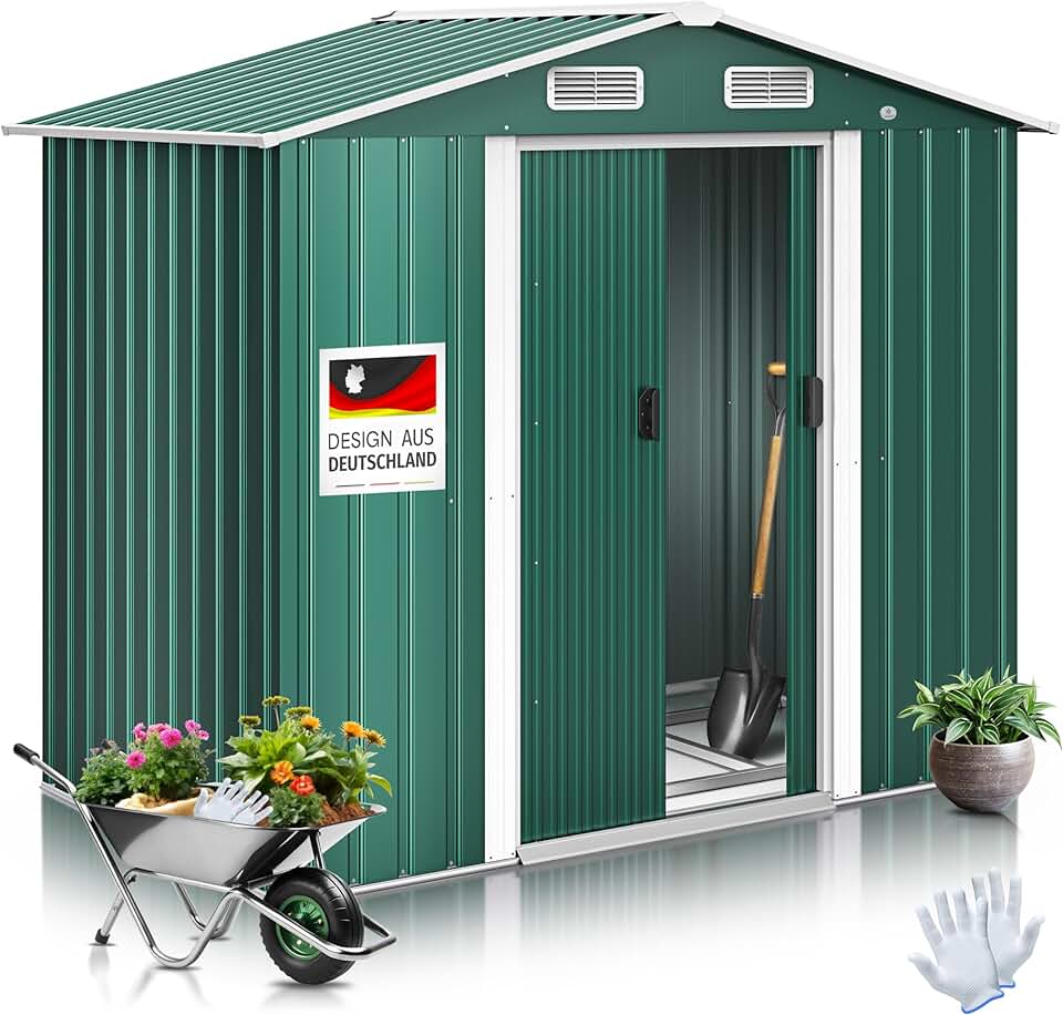 etevert® Abri de Jardin XL en métal de 4,2 m³ avec Fondation, Gants de Travail, 182 x 118 x 186 cm, 2 Portes coulissantes, Abri à Outils, Armoire, Toit à Pente de Jardin Vert
