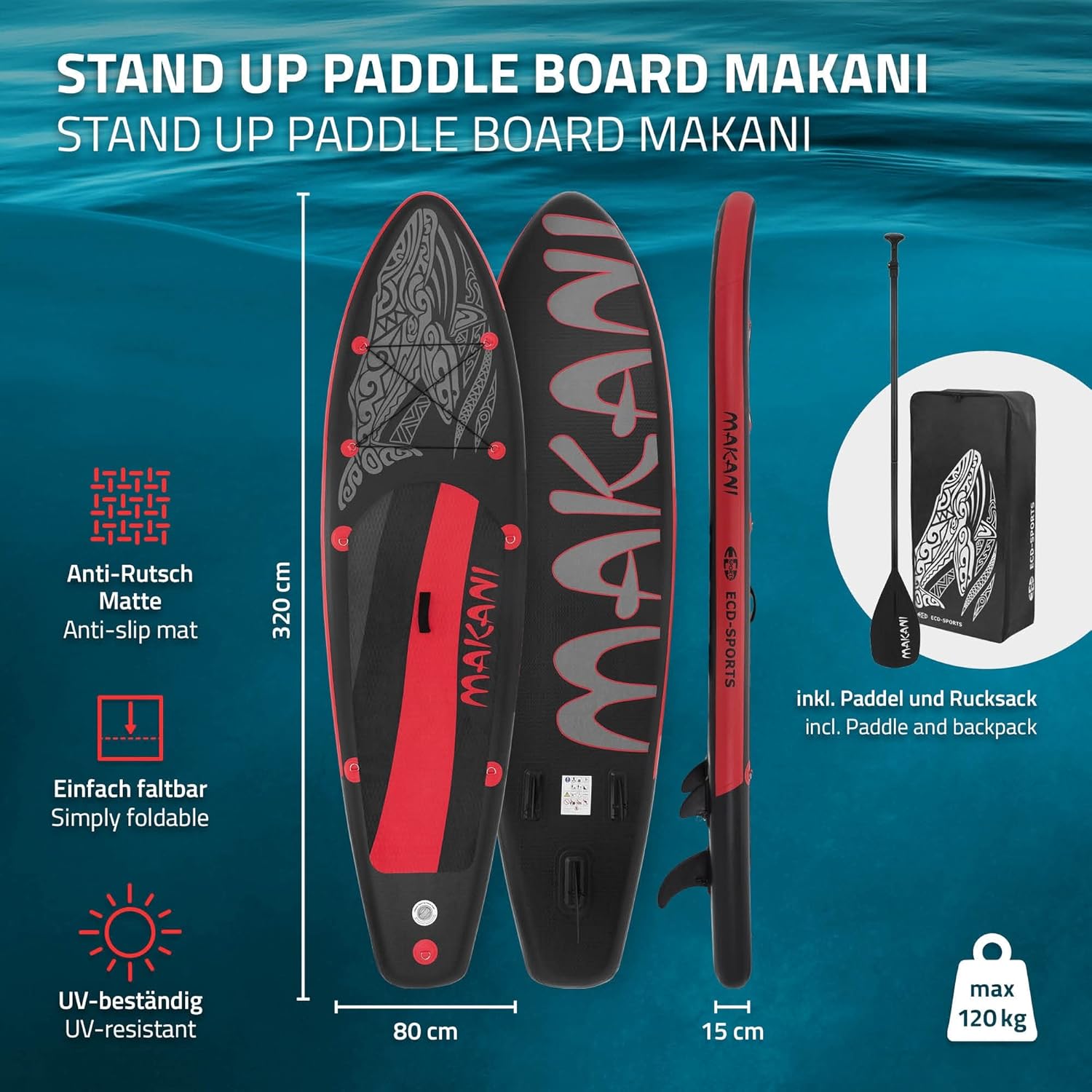 etevert - Stand Up Paddle Board - 305/308/320/380 cm - PVC, 120/150 kg, 10/15 cm d'épaisseur