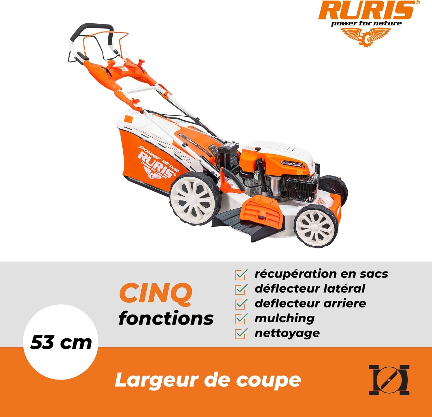etevert Tondeuse à Gazon Thermique 5 en 1 Mulching 5,7 CV 196cc RX500S, Orange