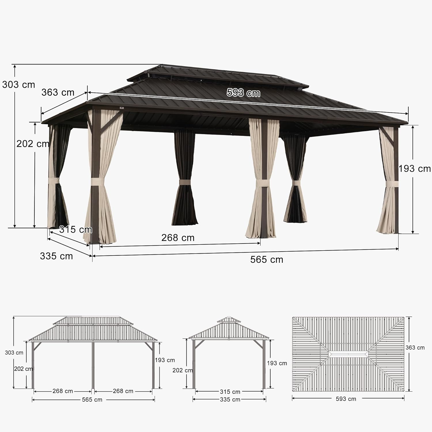 etevert - pergola double toit rigide 6x3,65m, aluminium, guirlande, rideaux