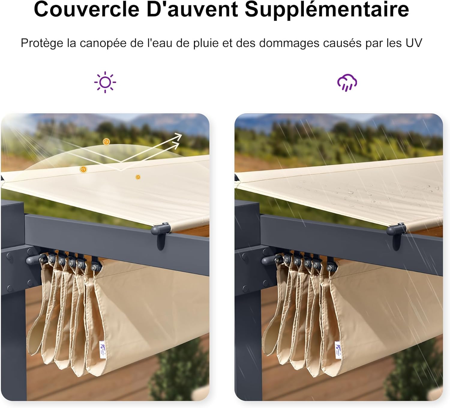 etevert - pergola aluminium - 4x3m - rideau, toit rétractable, kaki