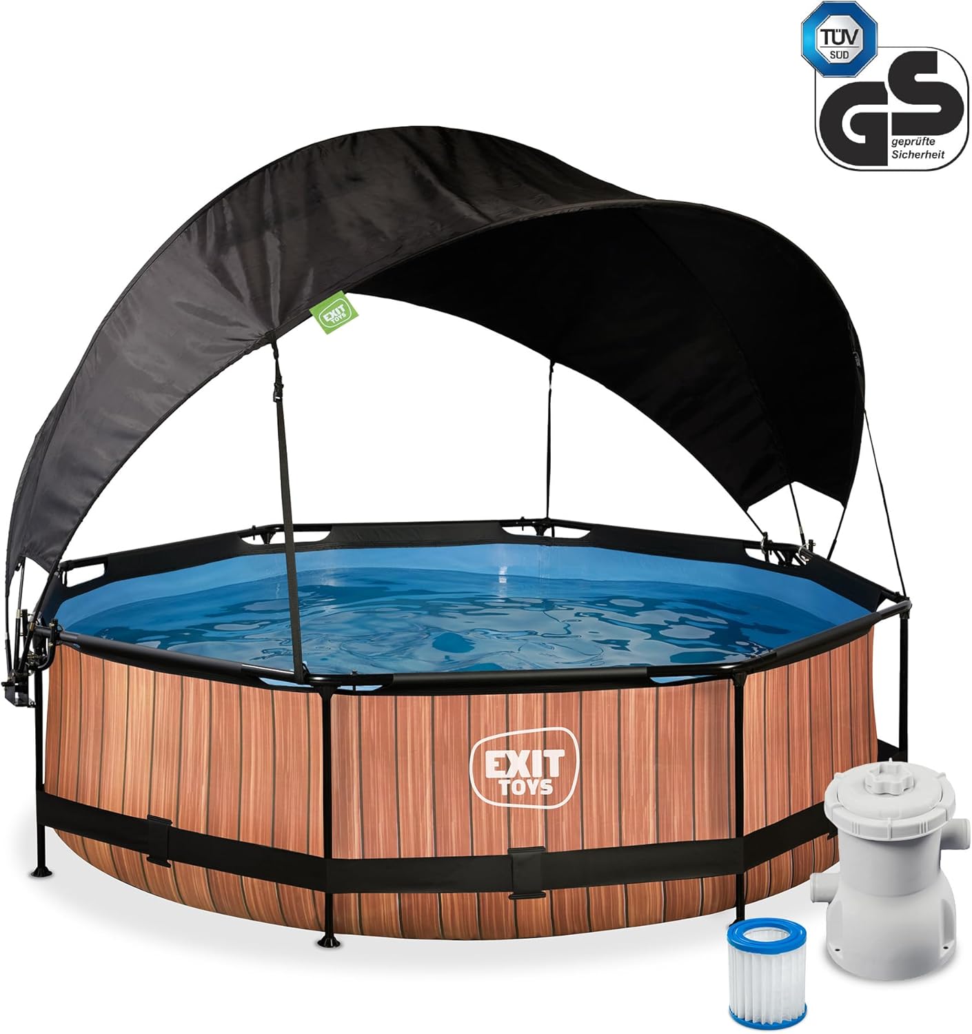 etevert - Piscine Wood série - ø300x76cm - voile d’ombrage, pompe filtrante, UV, entrée basse - Marron
