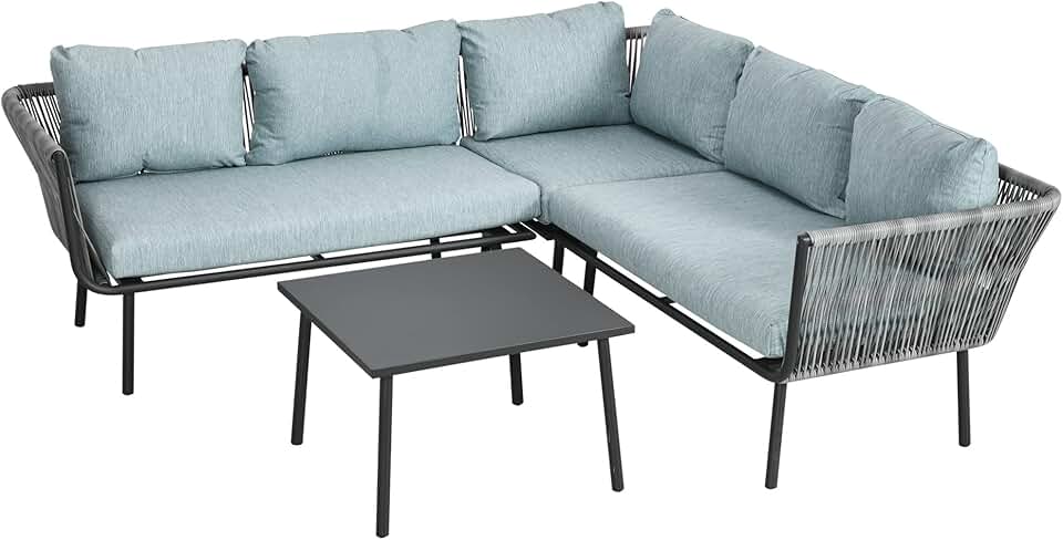 etevert - Salon de jardin d'angle résine tressée 4 places - alu, coussins inclus, gris