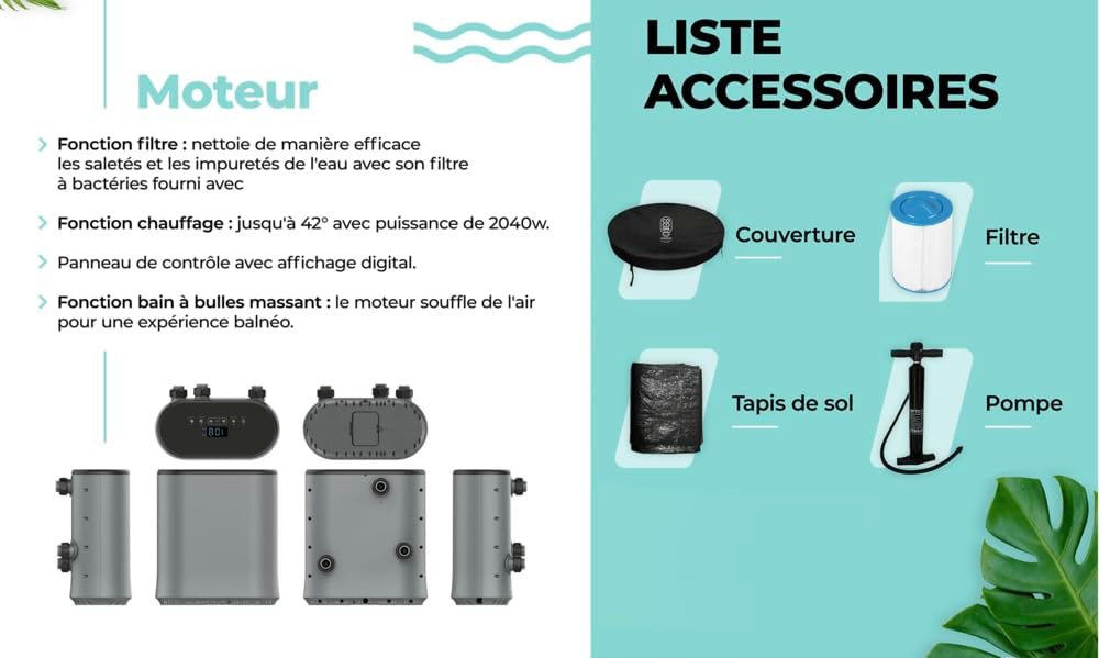 etevert Bali Spa Gonflable - 150 cm de diamètre - 800 litres - Moteur 2240 W - 2 à 4 Personnes - Massage 140 Jets