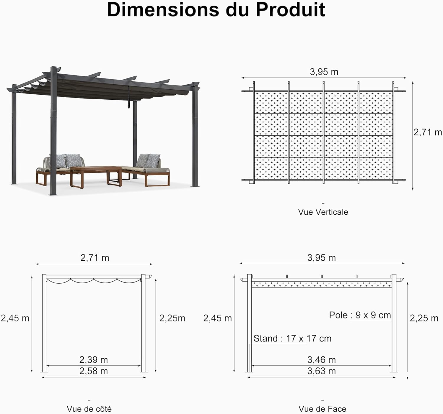 etevert - Pergola murale série aluminium 4x2,7m toit coulissant, tissu teint, gris