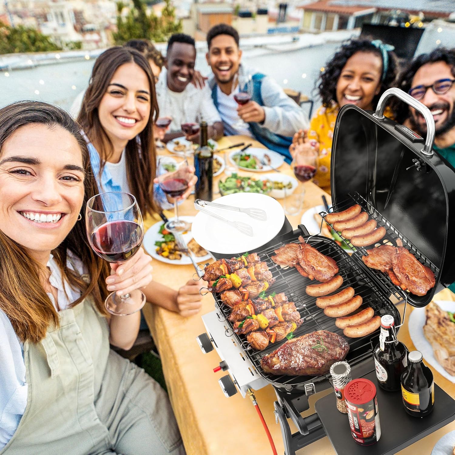 etevert - Barbecue Gaz 2 brûleurs - 48x37 cm - tables pliables, 5kW