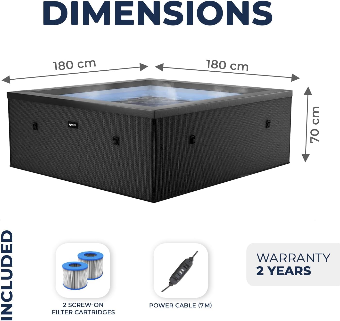 etevert - Spa - Celestia - Semi-Rigide Carré 6 Places – Construction Portable en Mousse, Chauffage intégré et Couverture économe en énergie – Volume 1100l - Ø180xH70cm - Charcoal Black