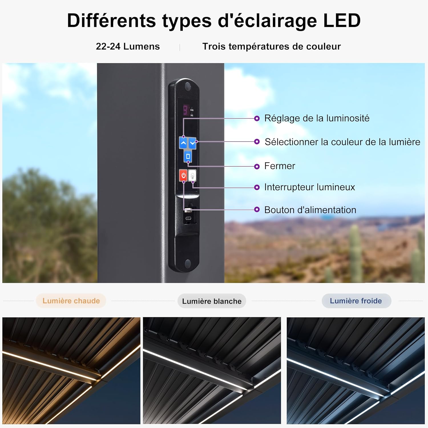 etevert - Pergola aluminium bioclimatique - 3 x 4,25 m - Lames orientables, LED, étanche