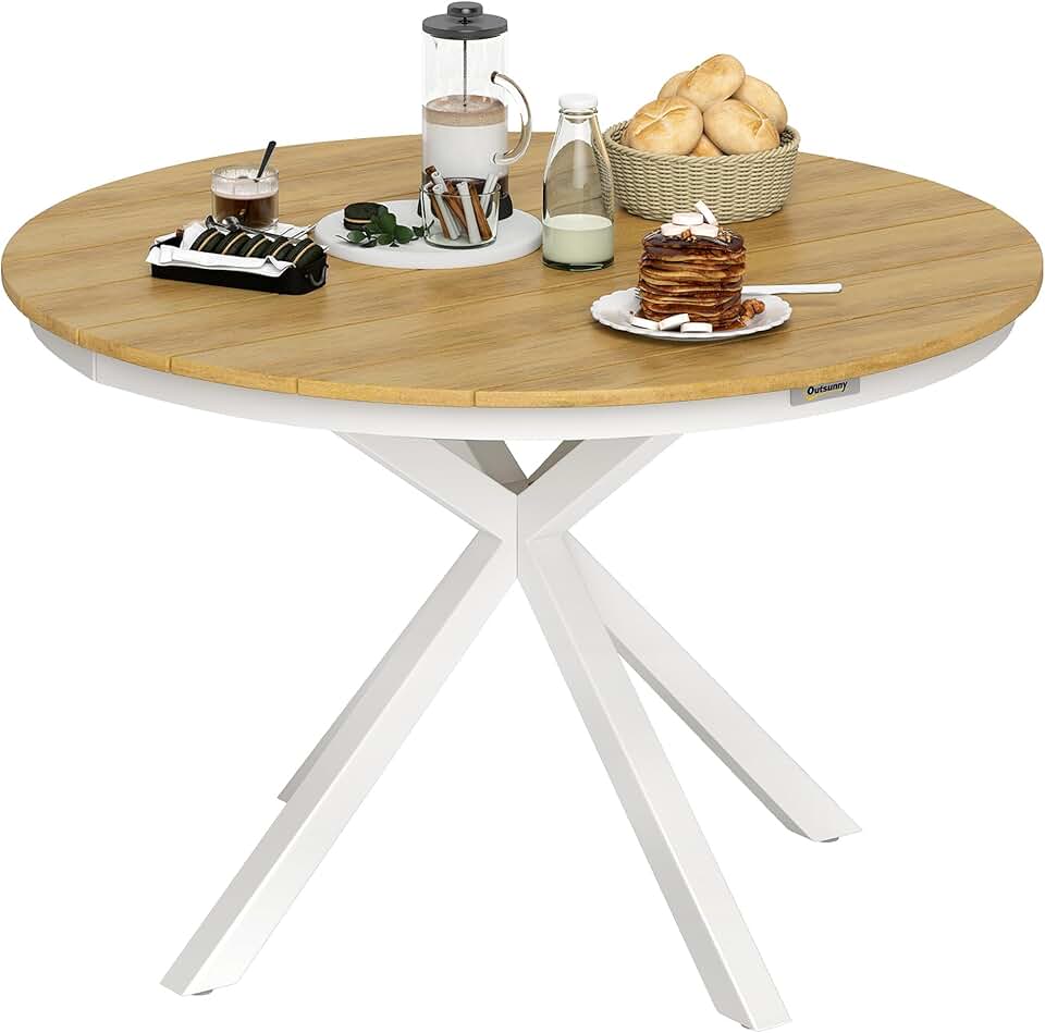 etevert - table ronde de jardin ø118 cm - aluminium, effet bois, pieds réglables