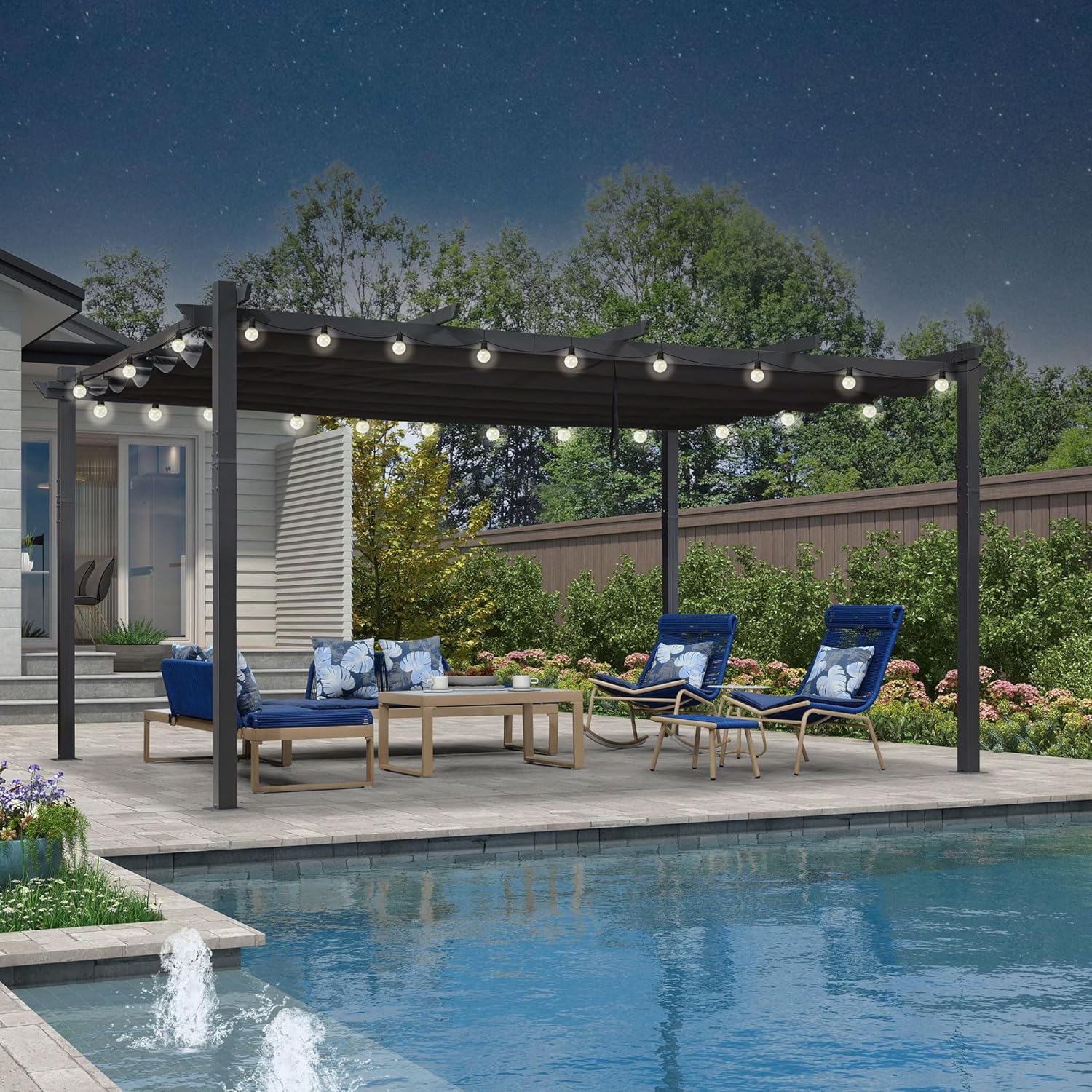 etevert - pergola aluminium - 4,8x3,5m - LED, toit rétractable, tissu mass teinté, structure résistante