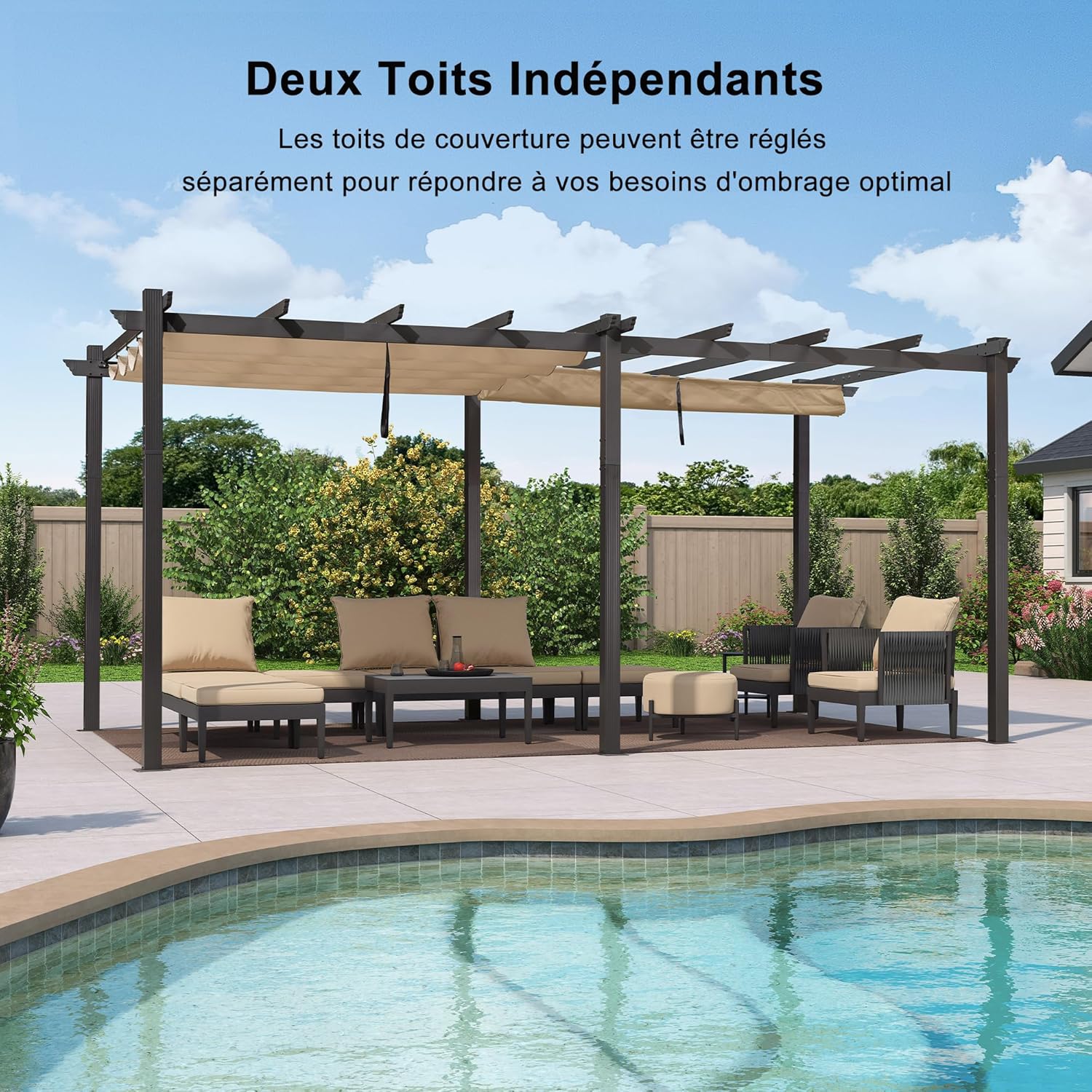 etevert - Pergola aluminium série - 5,5x3,5m - toit coulissant, tissu teint en fil, kaki