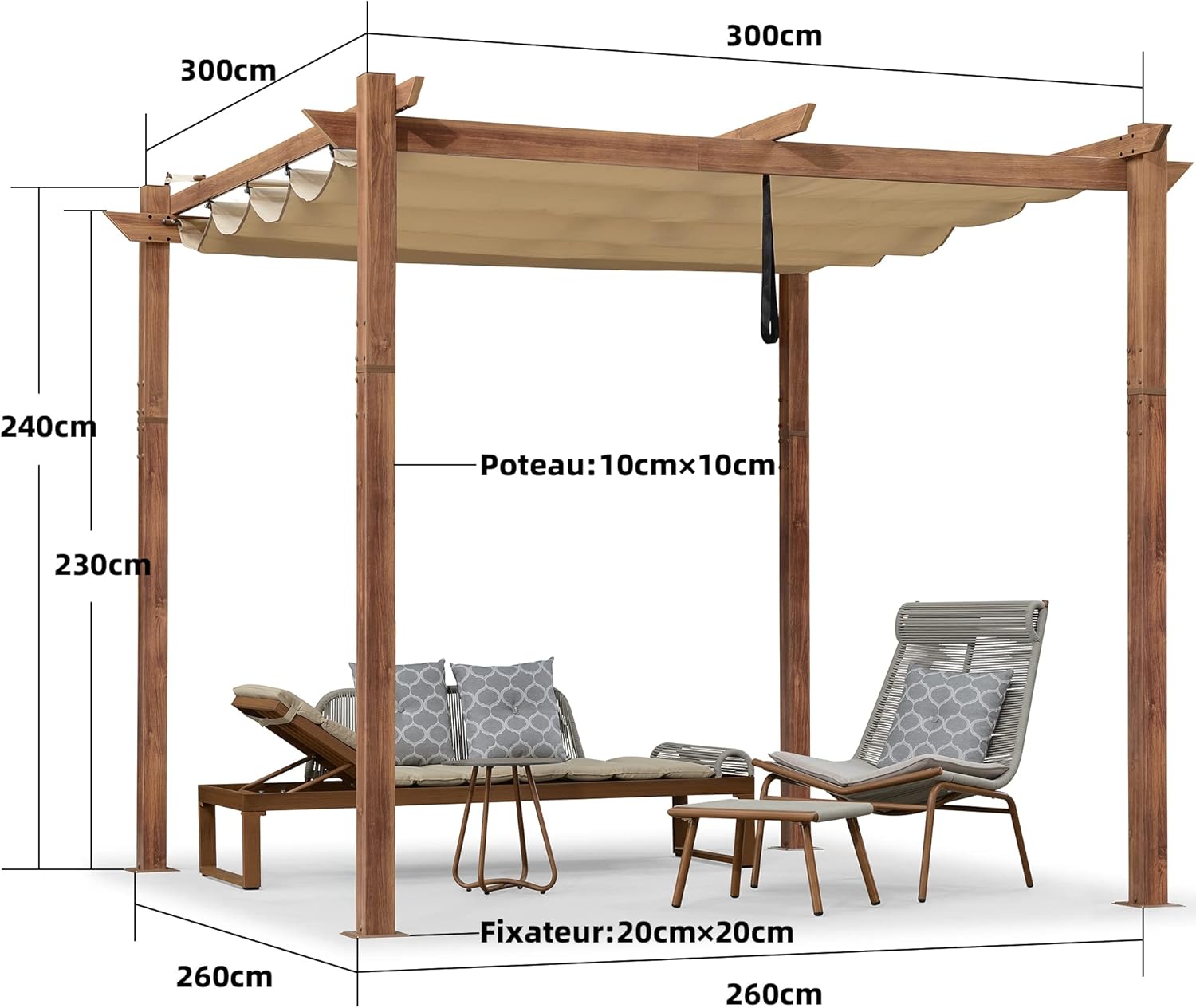 etevert - Pergola 3x3m - aluminium, éclairage, toit rétractable