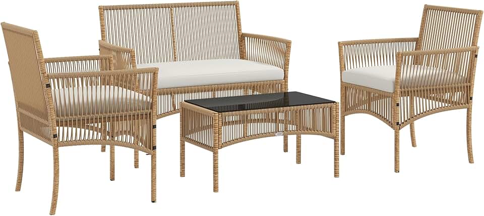 etevert - Salon de jardin 4p - métal/résine, coussins beige, table verre