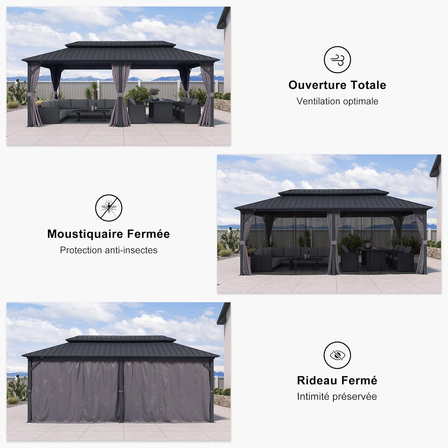 etevert - pergola double toit 6x3m, alu & acier, rideaux & moustiquaire