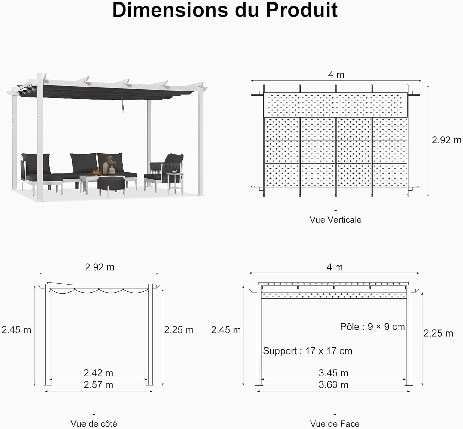 etevert - pergola aluminium - 4x3m - éclairage intégré, toit protégé, blanc/gris