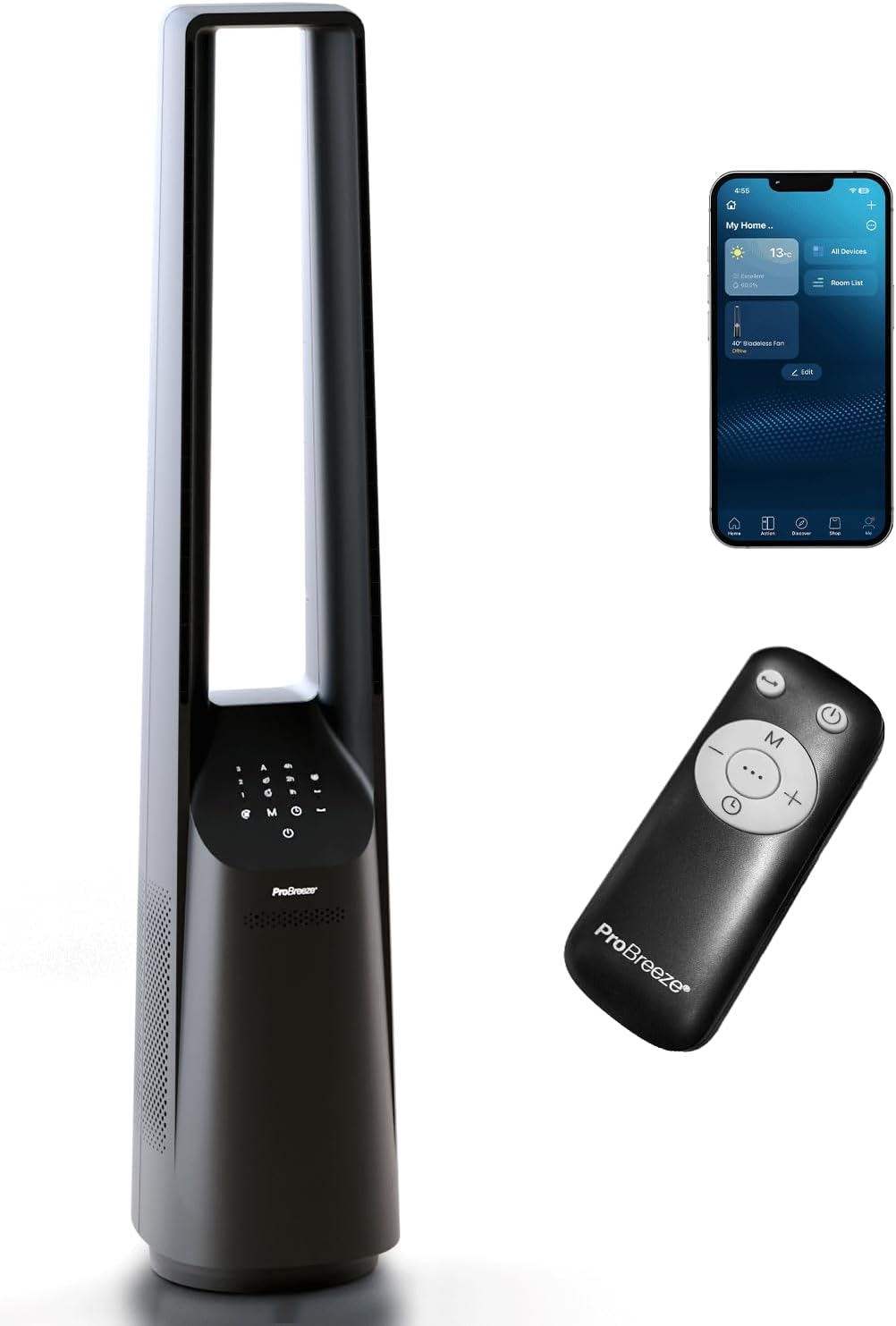 etevert - Ventilateur colonne sans pales - 101 cm - WiFi, ultra silencieux, LED, télécommande, 6 vitesses, 5 modes, o