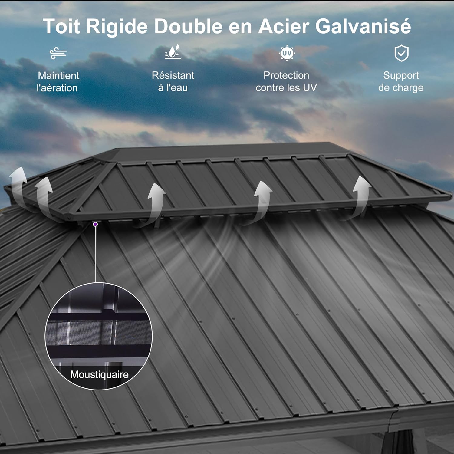 etevert - Pergola Série 6x4,25m - alu, leds, rideaux, gouttière