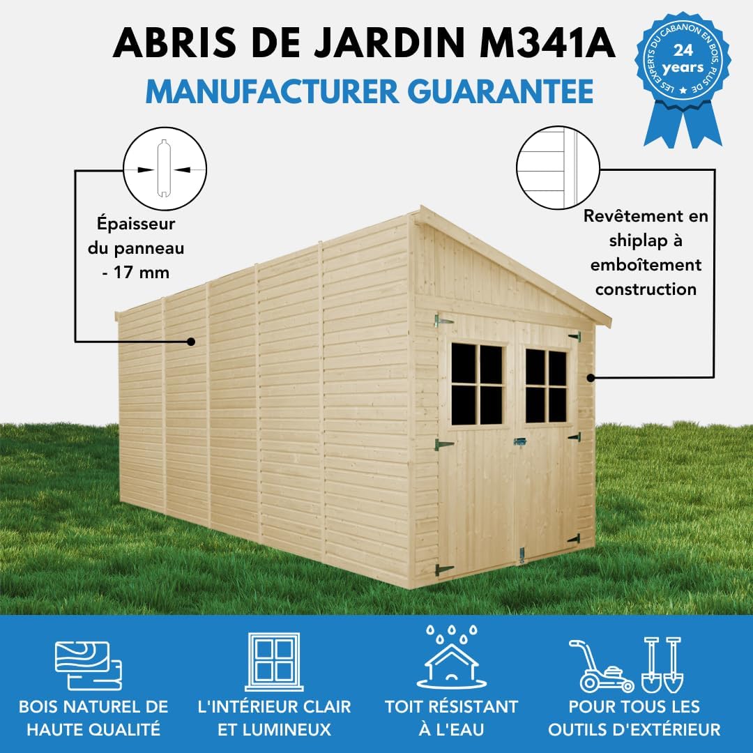 Abri de Jardin en Bois Naturel (avec paroi latérale) Plus Les PLANCHERS IMPRÉGNÉ- Stockage extérieur avec fenêtres- H244x218x514 cm/10 m2- Atelier Rangement Outils et vélos- etevert M341A+M341G