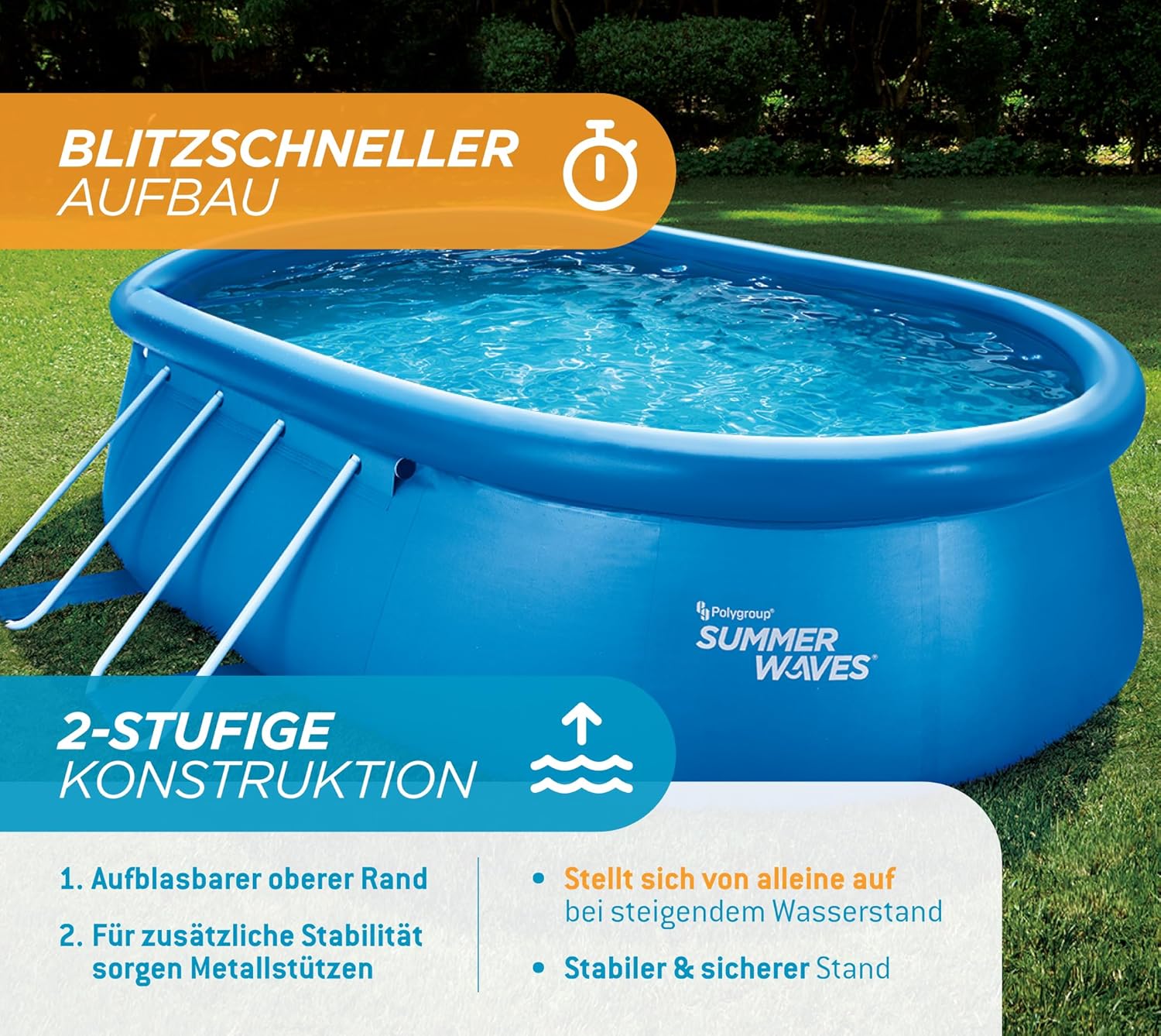 etevert Quick Up Kit complet de piscine - Ovale - 457 x 305 x 107 cm - Bleu - Piscine hors-sol et piscine avec pompe à filtre, échelle, tapis de sol et bâche