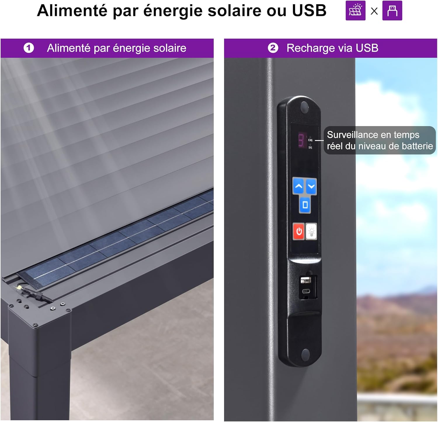 etevert - Pergola bioclimatique - 3,5x8,5m - aluminium, lames LED, étanche